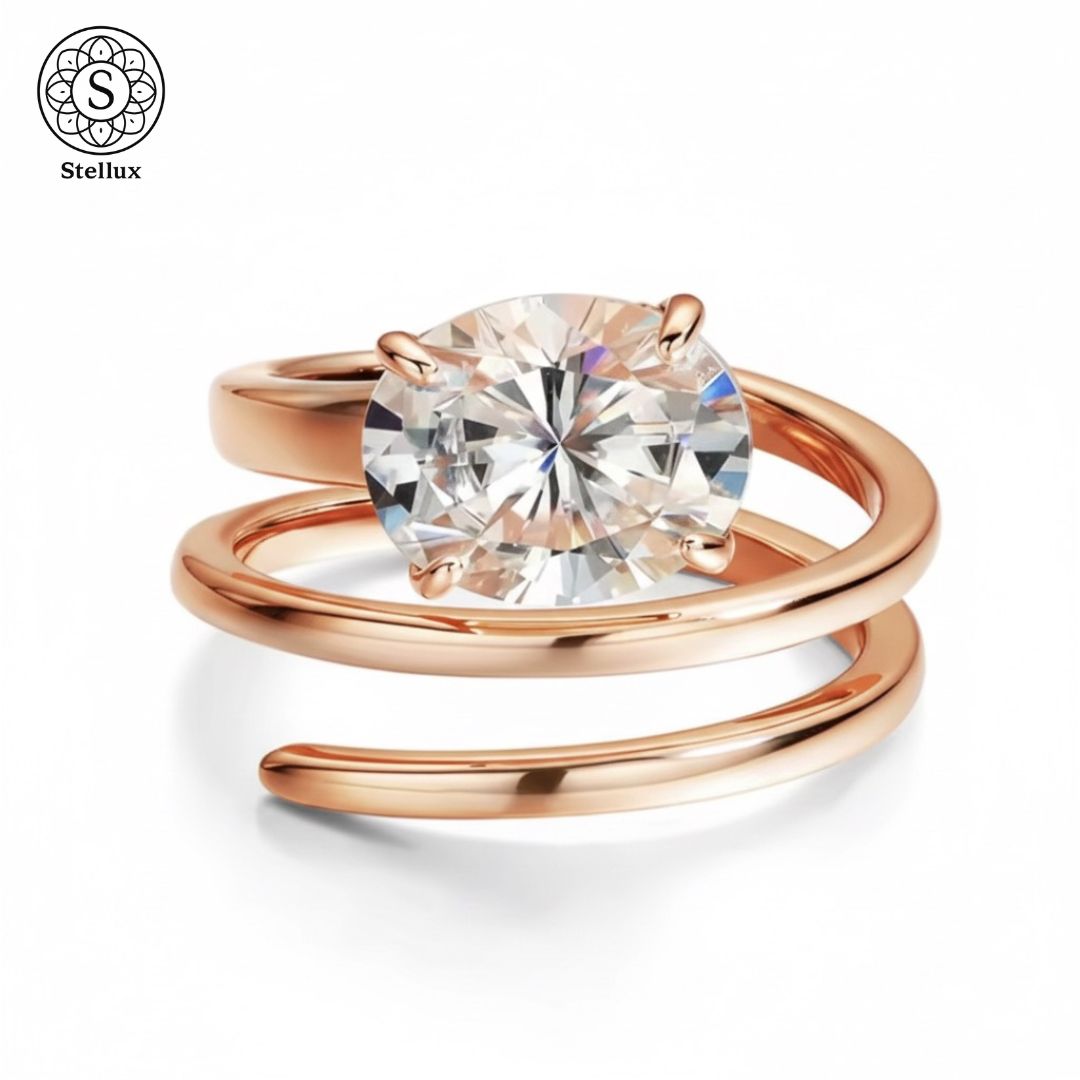1ctが映えるローズゴールド モアサナイトリング スパイラルデザイン 18K RGコーティング オーバルカット 指先美人見え 大人 レディース人気 GRA鑑定書付き