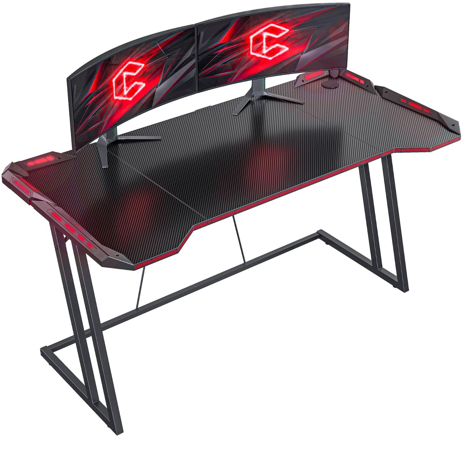 CubiCubi ゲーミングデスク 幅140 cm 奥行き60 LED付き 炭素繊維天板 組み立て簡単 頑丈 ゲーミングテーブル パソコンデスク ゲーマー向き デスク ゲーム実況安定性 おしゃれ 一人暮らし ゲームデスク ブラック