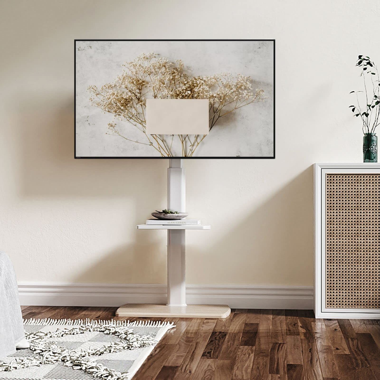 テレビスタンド ハイタイプ tvスタンド 32～70インチに対応 壁寄せ テレビ台 幅60 cmの木製台座 耐荷重40 kg VESA 600 x 400 mmまで 高さ調整 左右首振り 棚板付き 木目調 ホワイト