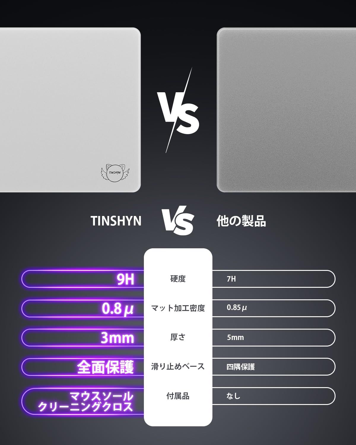 肌のような触感 新発想のガラスマウスパッド Tinshyn ゲーミングマウスパッド マウスパッド ガラス 丸み加工の滑り止め底|0.8μ高精度サンドブラスト表面|手入れ簡単|ほこり取り布付き|貼り替え マウスソール付き