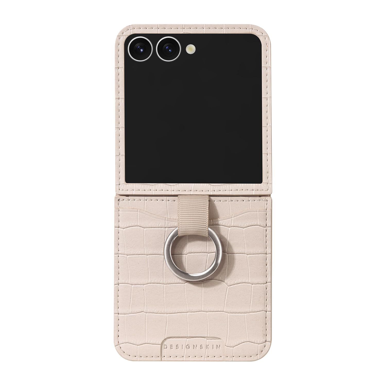 DESIGN SKIN Galaxy Z Flip 7 ケース クロコ柄本革 カードポケット付き 牛革 カード収納 ヒンジ保護 メタルリング グリップ機能 アイボリー