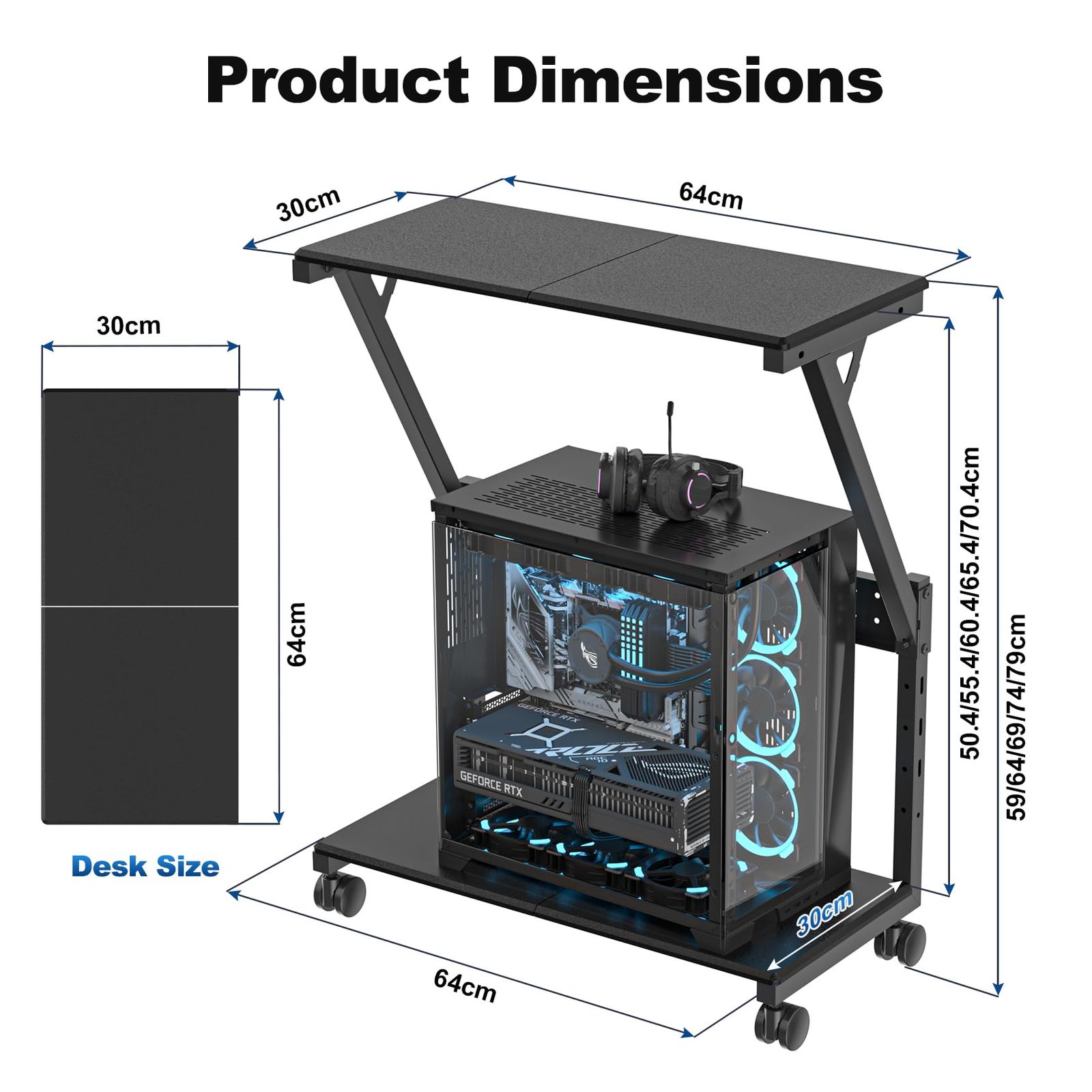 suptek PCラック パソコンラック pcワゴン パソコンワゴン cpuスタンド 昇降式 高さ調節 幅64×奥行30×高さ59～79 cm pc 棚 デスクワゴン パソコン収納 木製 モバイル キャスター付き デスクサイドワゴン棚 複合機ラック オ
