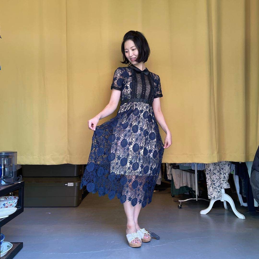 レース 花柄 ワンピース シャツ ロング 半袖 ドレス デート お呼ばれ ブルー 青 藍色 ネイビー 紺色 結婚式 dress