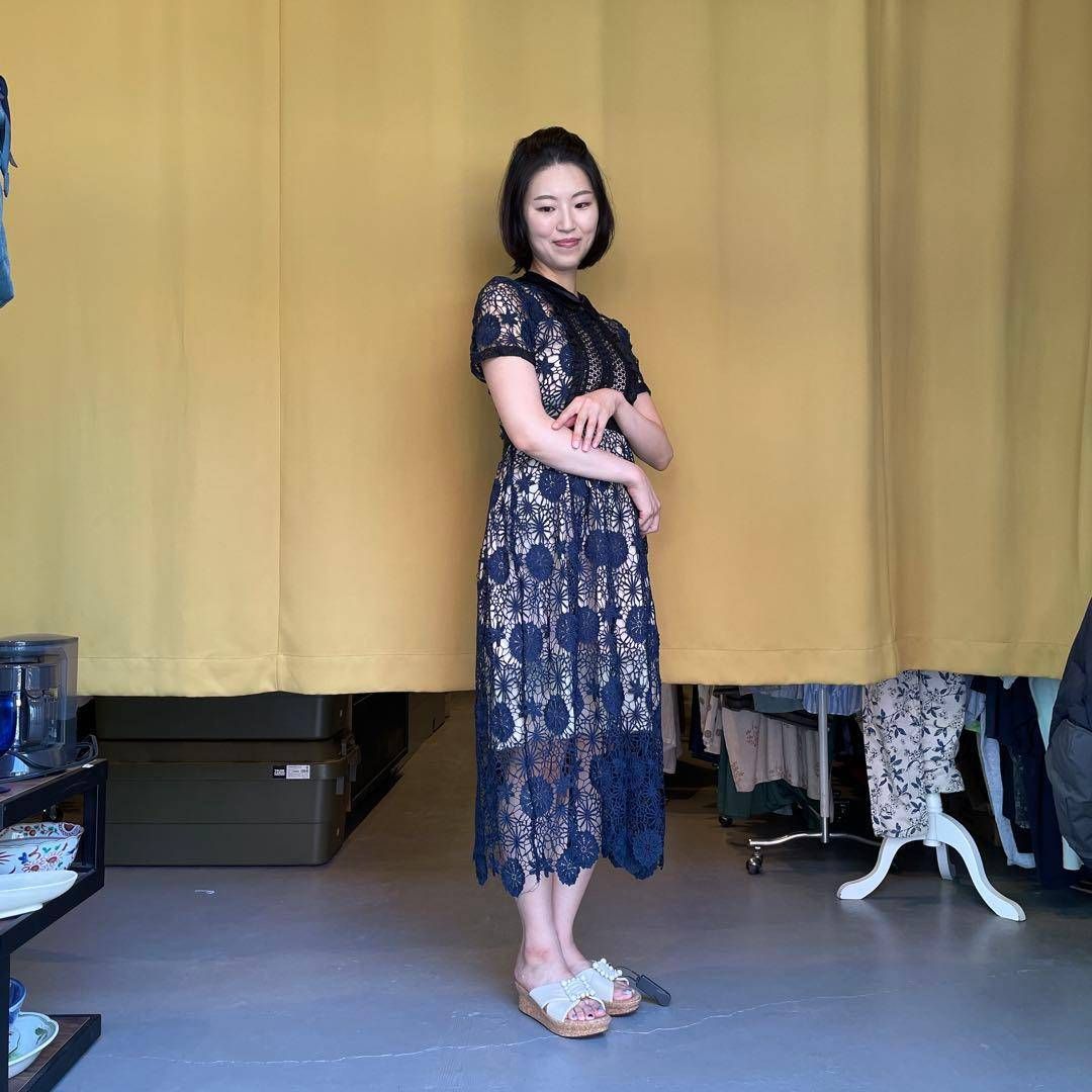 レース 花柄 ワンピース シャツ ロング 半袖 ドレス デート お呼ばれ ブルー 青 藍色 ネイビー 紺色 結婚式 dress