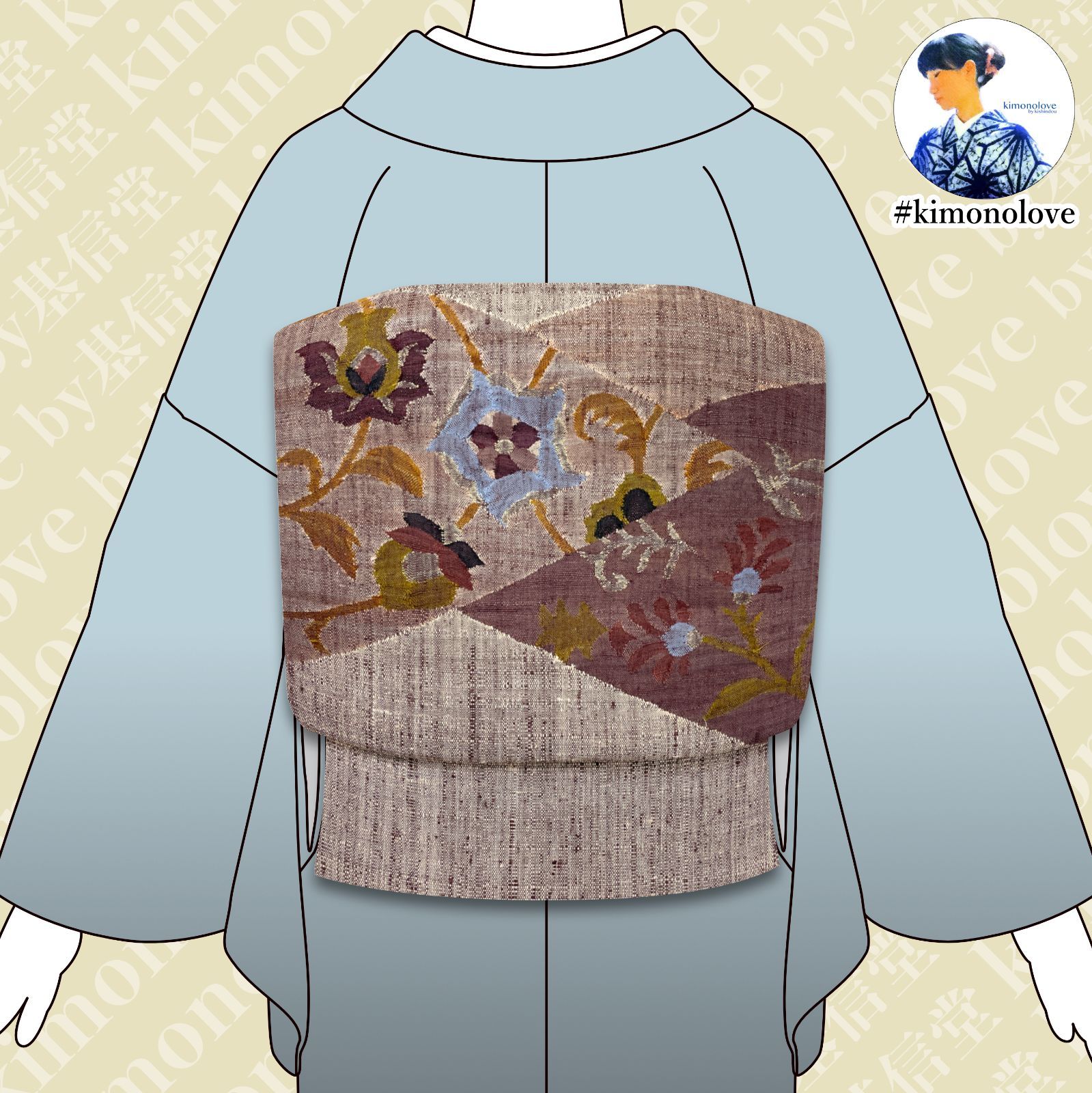 名古屋帯 紬 開き仕立て 三越誂製 正絹 すくい織 切嵌取り 花更紗 グレージュ 着物 kimonolove リユース品 オゾン消臭サービス AO-0530