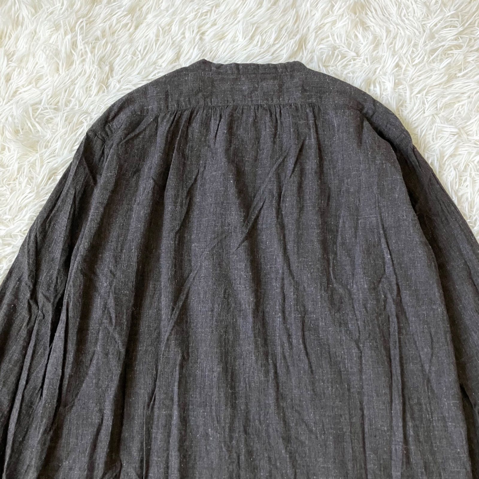 45 R レースのピンタックシャツドレス レース模様入り 長袖 日本製 染め生地 ブラウン系 ナチュラルテイスト Tシャツ 長袖 七分袖 