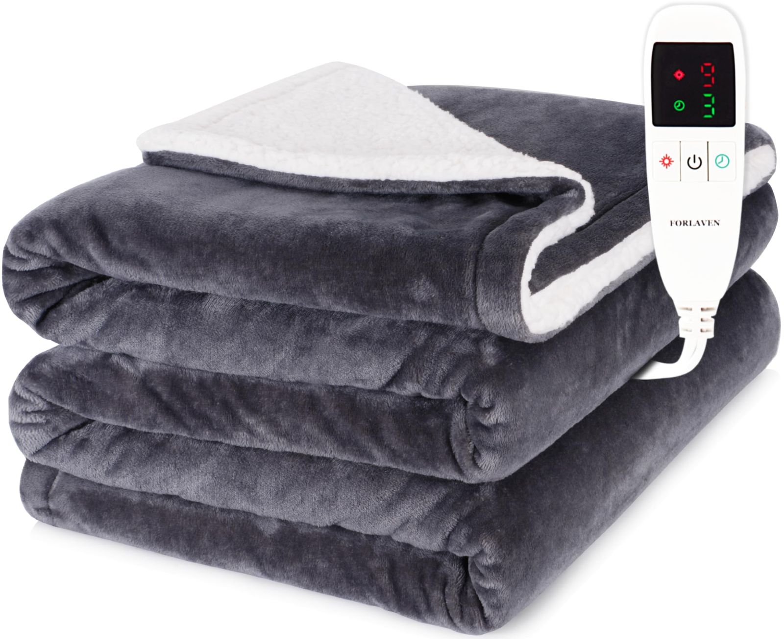電気毛布 掛け敷き兼用 大判 190 130 cm セミダブル 洗濯ネット付き 速暖 9段階温度調節 タイマー付き 節電 省エネ ダニ退治 防寒対策 丸洗いOK 厚手フランネル＆シープボア 肩掛け 膝掛け PSE認証済み ダークグレー Forlaven
