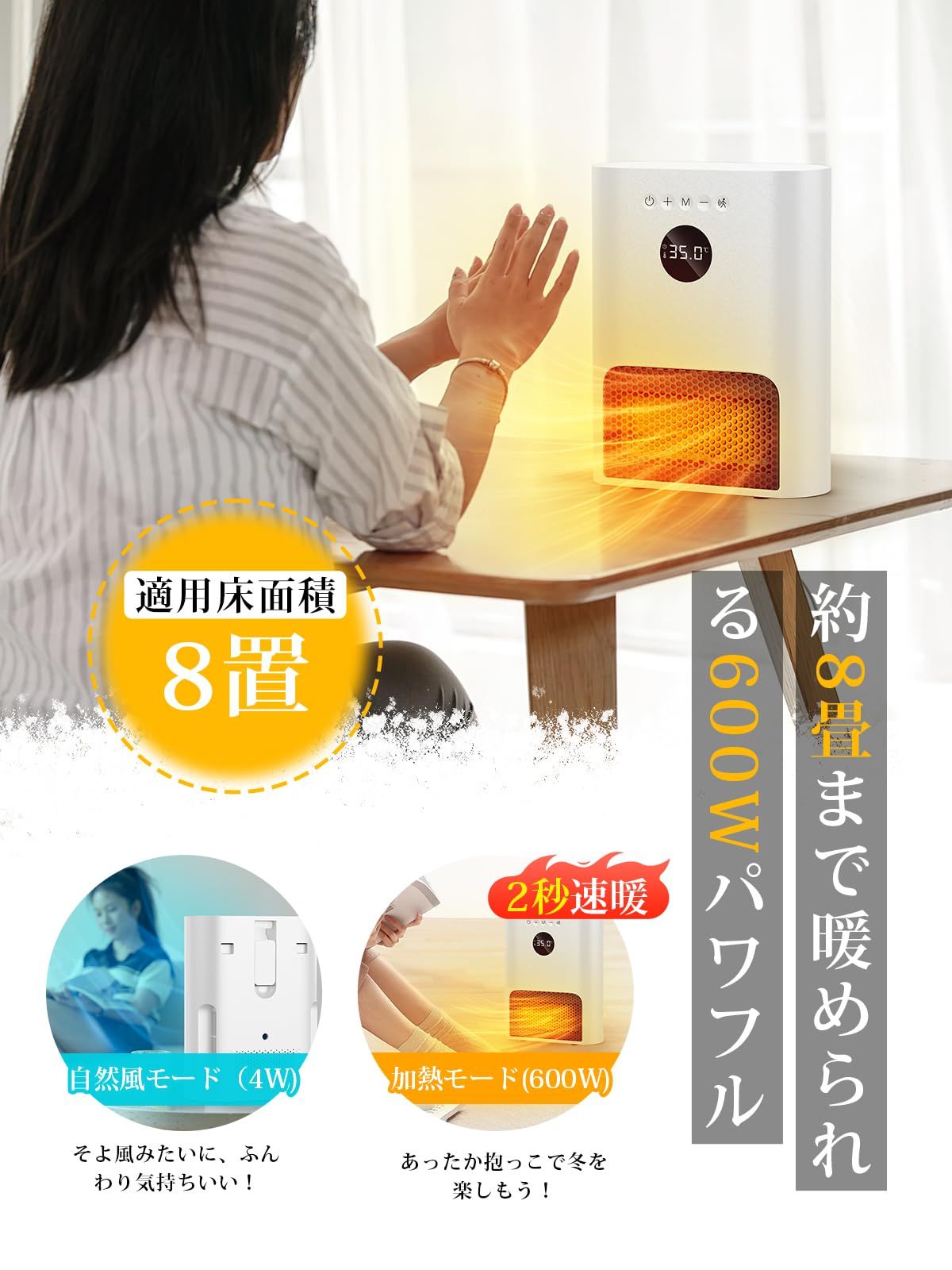 ヒーター 壁掛け 人感センサー付き・ECOモード・2秒速暖 ・3way使用