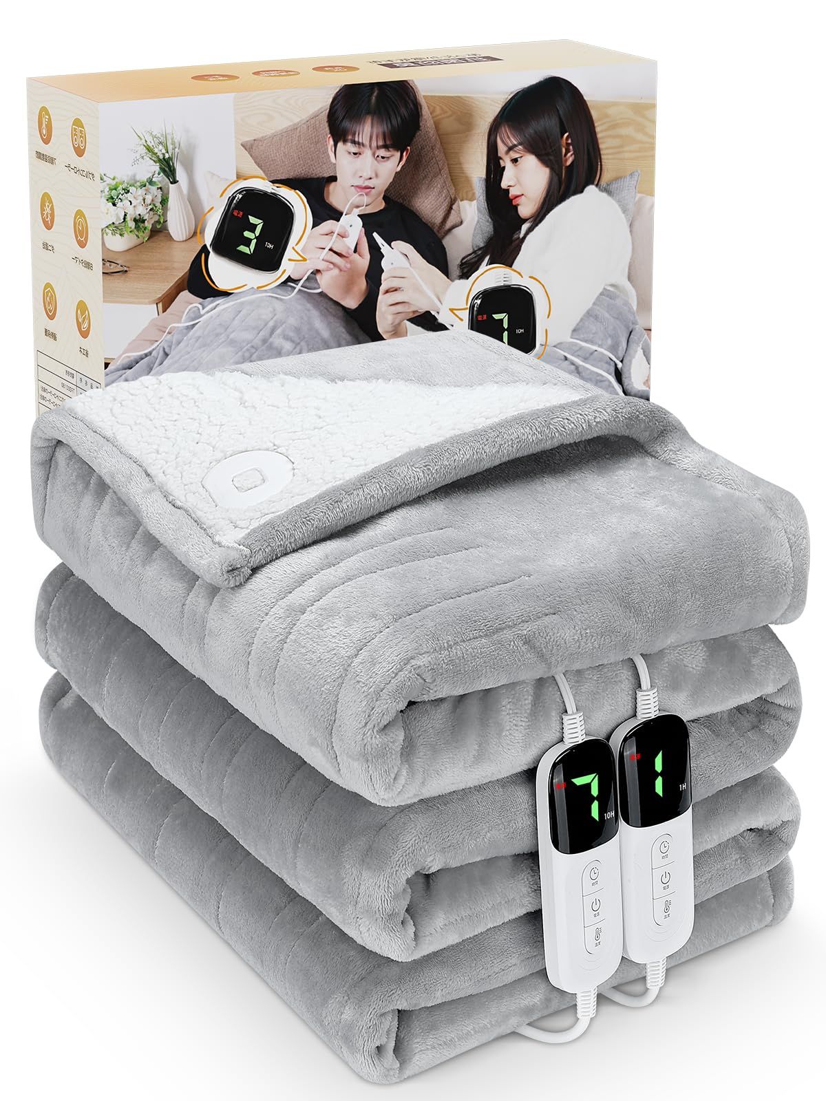 電気毛布 掛け敷き兼用 180 200 cm ダブルコントローラー付き 大きサイズ＆フランネル材質 3分速暖 電気ブランケット 6段階切タイマー 7段階温度調節 電気ひざ掛け 自動電源オフ 丸洗い可 節電 省エネ 厚手生地 頭寒足熱 肩掛け 膝掛け 抗菌 防