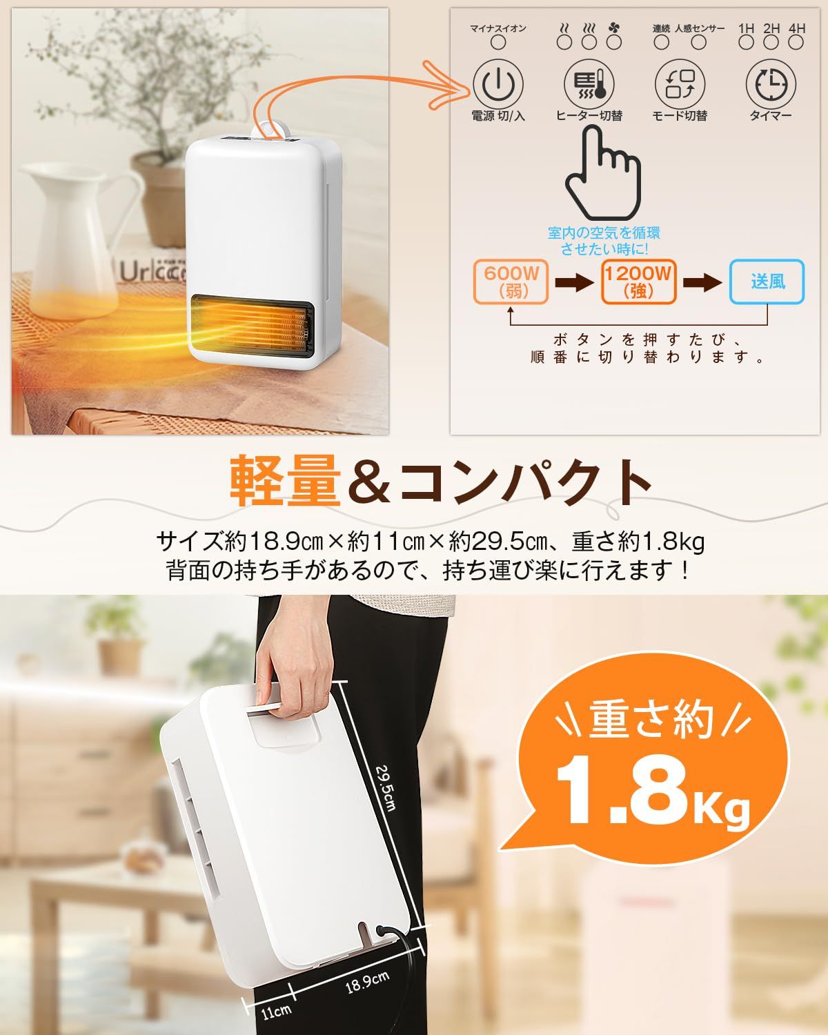 暖房効率が高く、省エネ設計セラミックファンヒーター 600W/1200W 出力