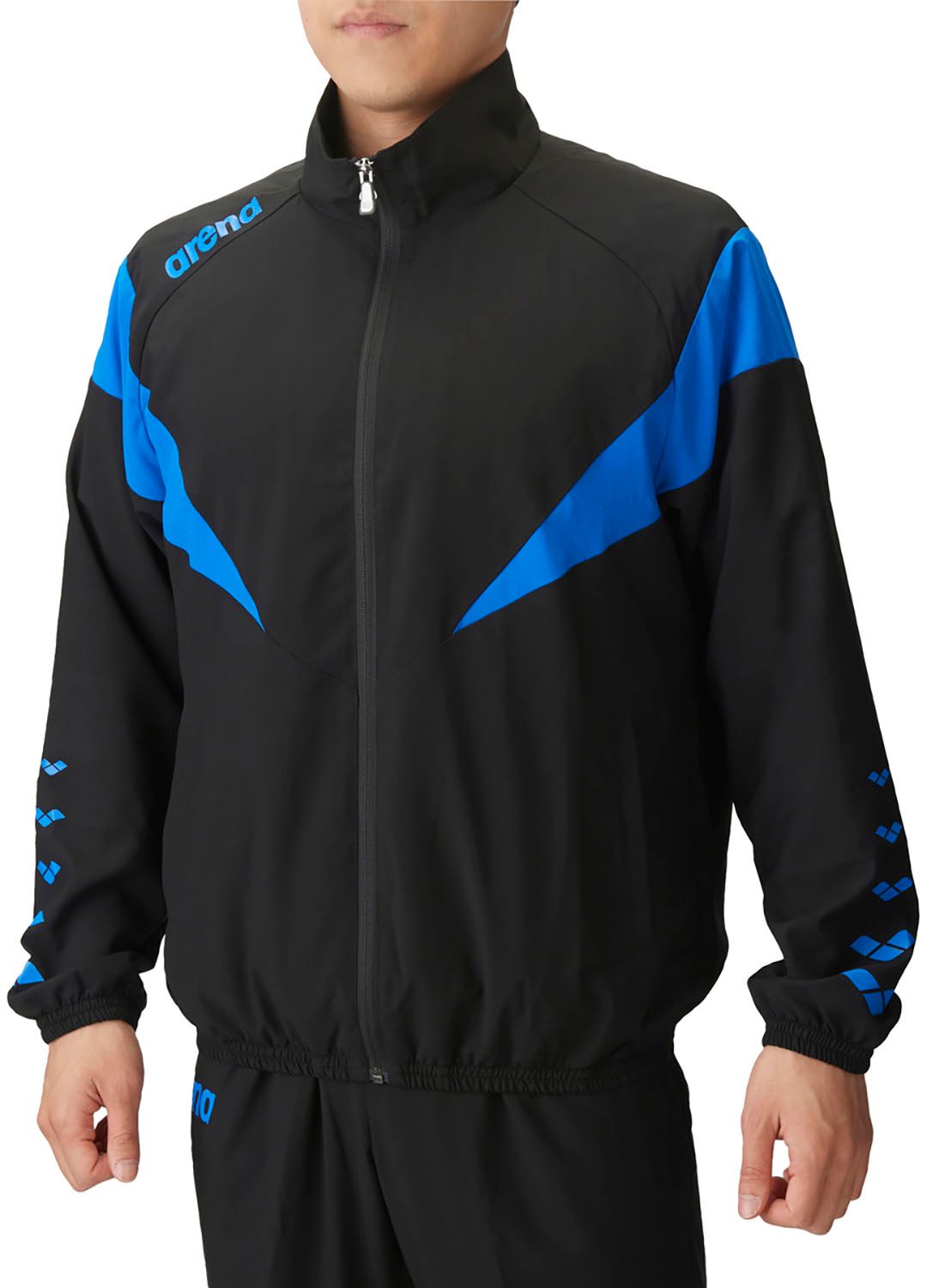 アリーナ arena スイミング ジャケット レギュラーシルエット アウター ウィンドブレーカー フルジップ 長袖 メンズ レディース 水泳 競泳 裏メッシュ 部活動 練習 トレーニング 大会 BKBU ブラック×ブルー