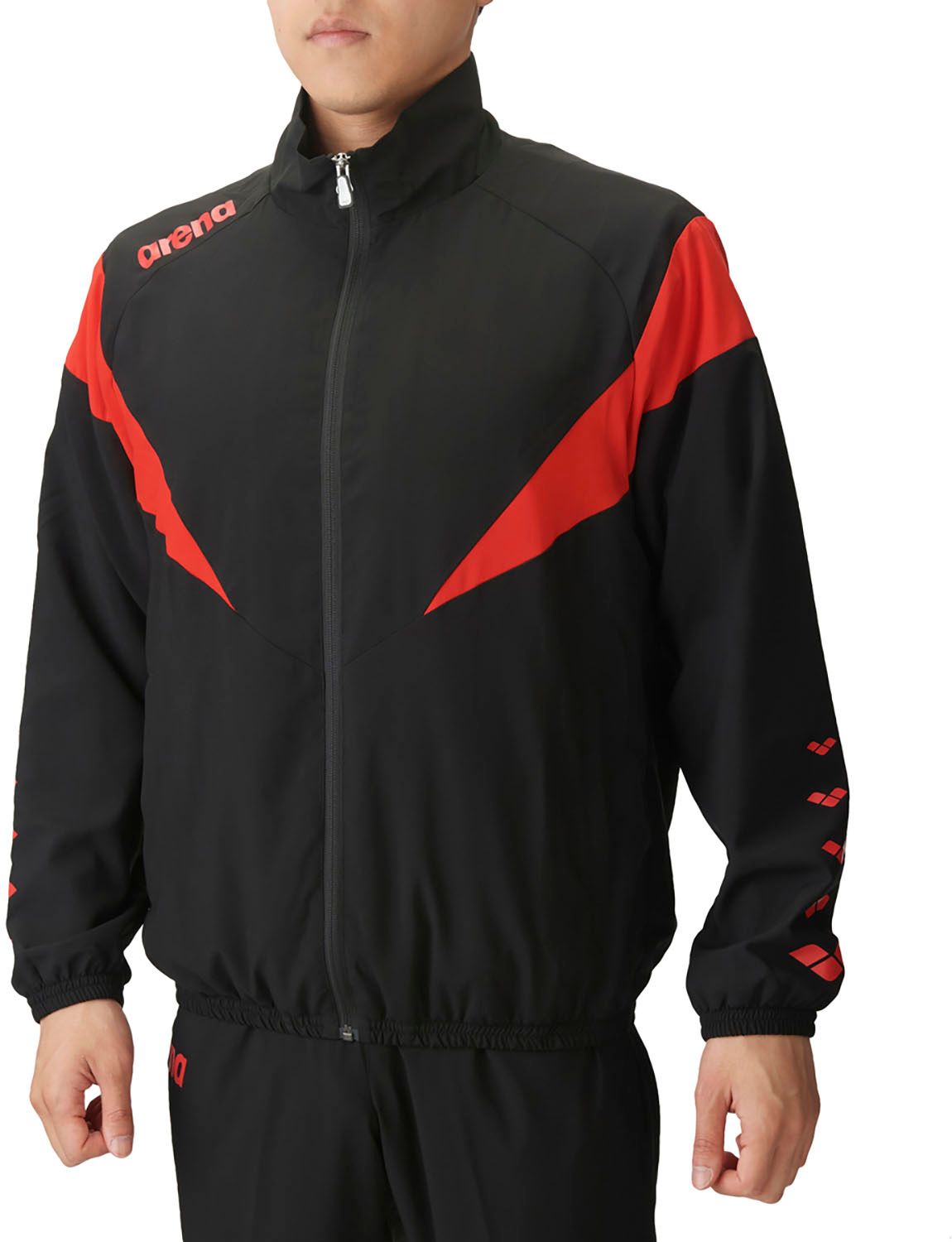 アリーナ arena スイミング ジャケット レギュラーシルエット アウター ウィンドブレーカー フルジップ 長袖 メンズ レディース 水泳 競泳 裏メッシュ 部活動 練習 トレーニング 大会 BKRD ブラック レッド