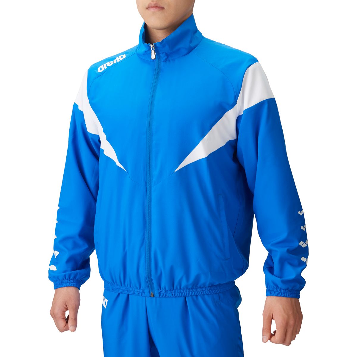 アリーナ arena スイミング ジャケット レギュラーシルエット アウター ウィンドブレーカー フルジップ 長袖 メンズ レディース 水泳 競泳 裏メッシュ 部活動 練習 トレーニング 大会 BUWT ブルー×ホワイト