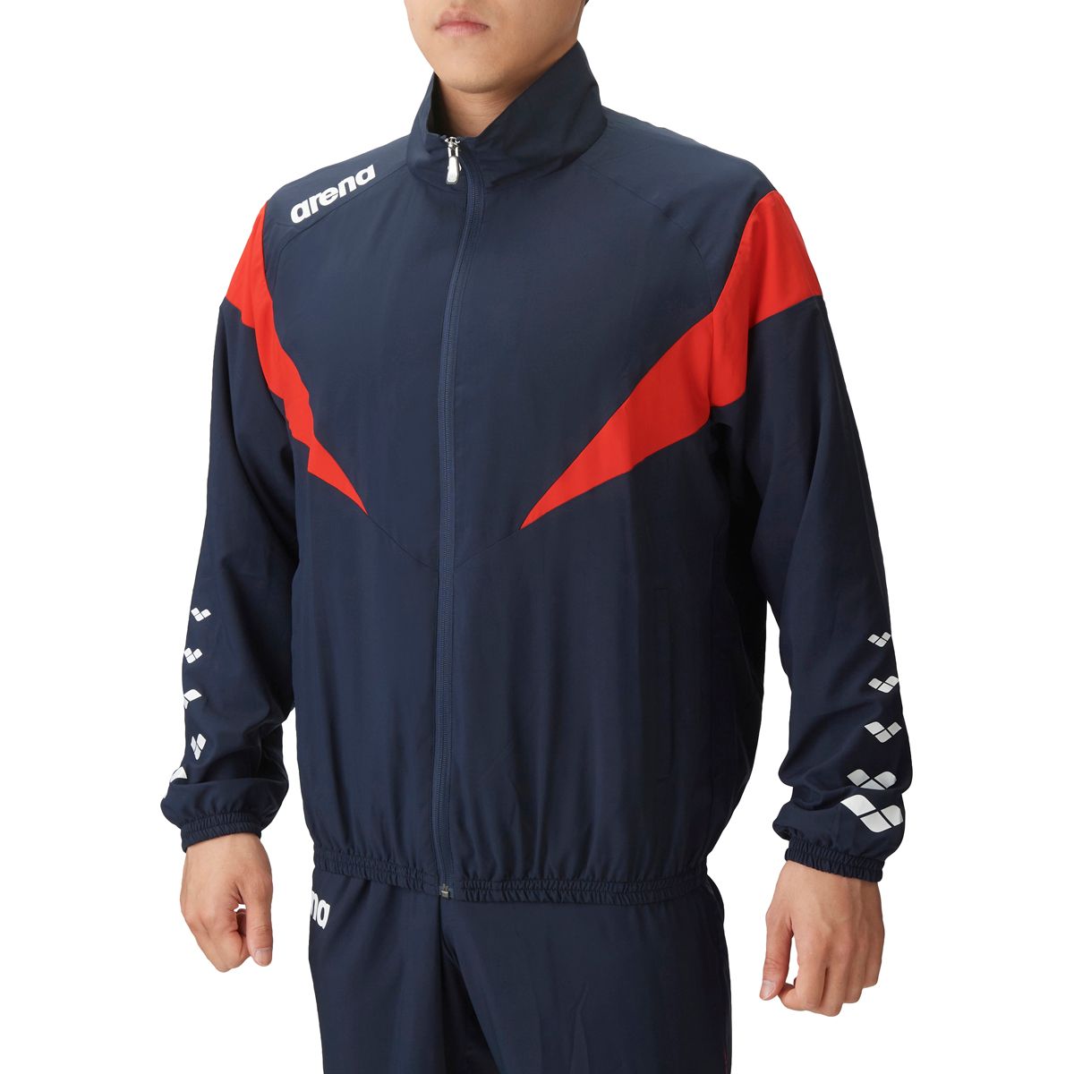 アリーナ arena スイミング ジャケット レギュラーシルエット アウター ウィンドブレーカー フルジップ 長袖 メンズ レディース 水泳 競泳 裏メッシュ 部活動 練習 トレーニング 大会 NVRD ネイビー レッド