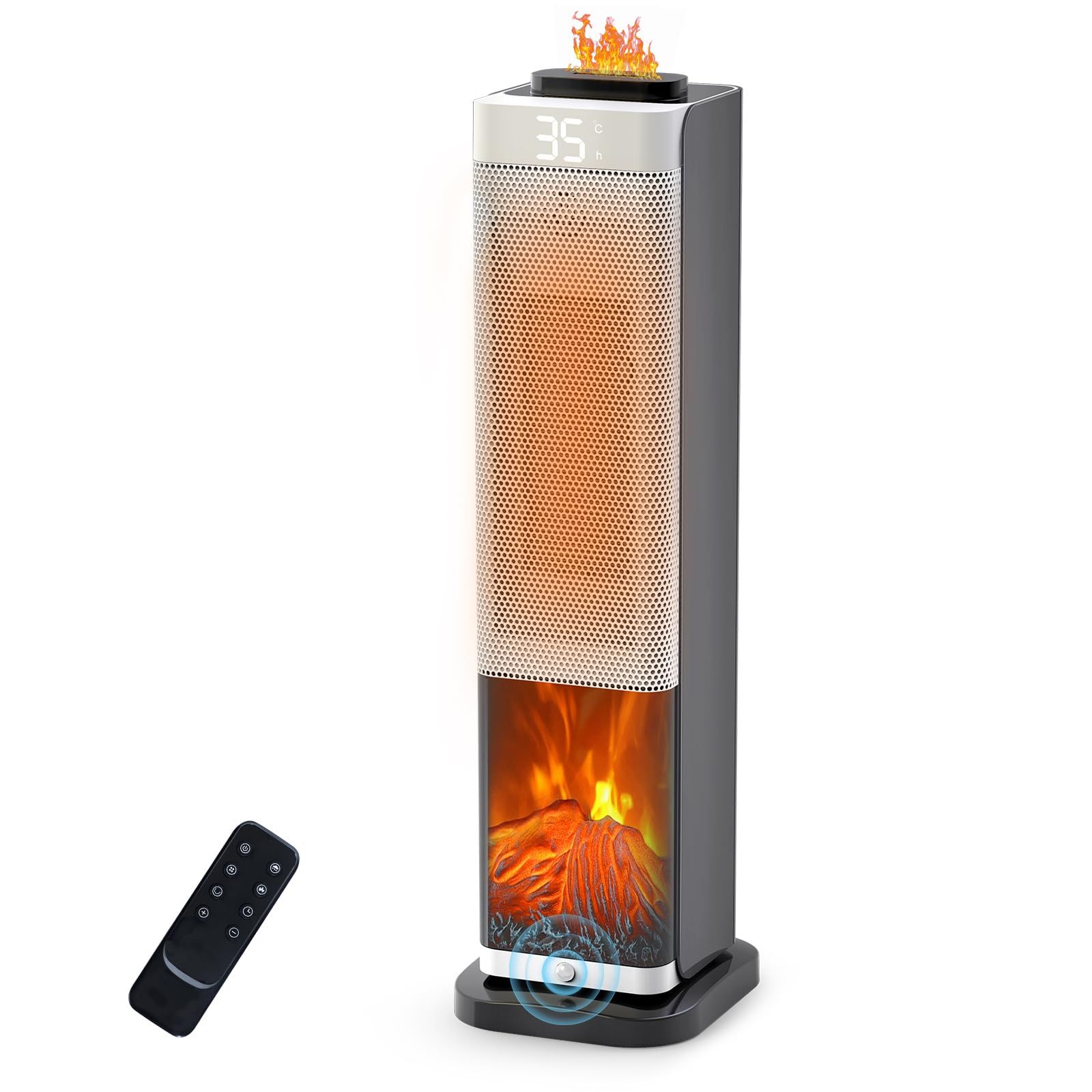 セラミックヒーター タワー型2026新登場 3 D水蒸気LED暖炉1秒速暖大風量擬似炎加湿機能付き 人感センサー搭載 8時間連続加湿 15～35℃温度調節 ECOモード省エネ 1200 W電気ヒーター 3重過熱保護 転倒OFF 節電対策 280 MLタンク 窓下