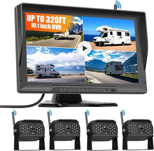 ワイヤレスバックカメラキット 10.1インチHD 4画面分割オンダッシュモニター 録画機能付き 駐車監視機能付き IP 68防水ナイトビジョンバックカメラ 12-36 V兼用 カメラ付きセット キャラバン バス トレーラー トラック用 6 b 31 a 43 d