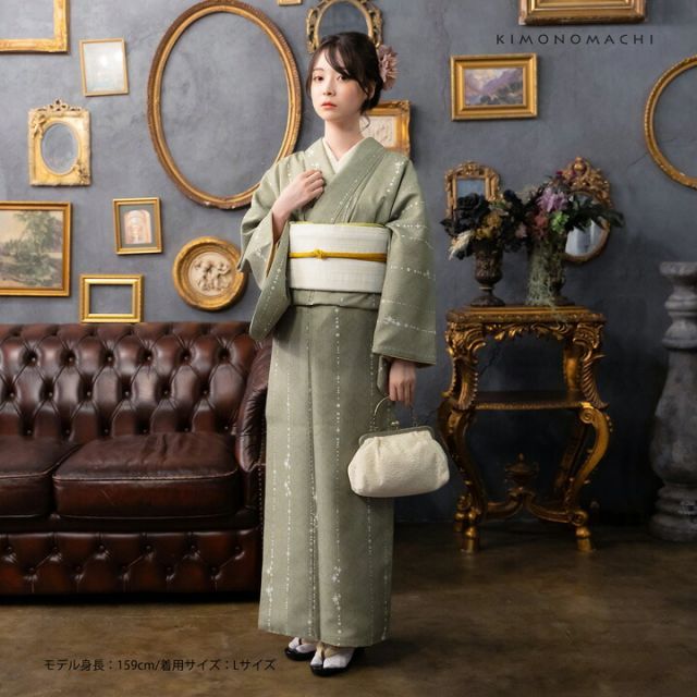 洗える着物 セット「袷着物：星くずに七宝利休鼠＋京袋帯：献上鳥更紗