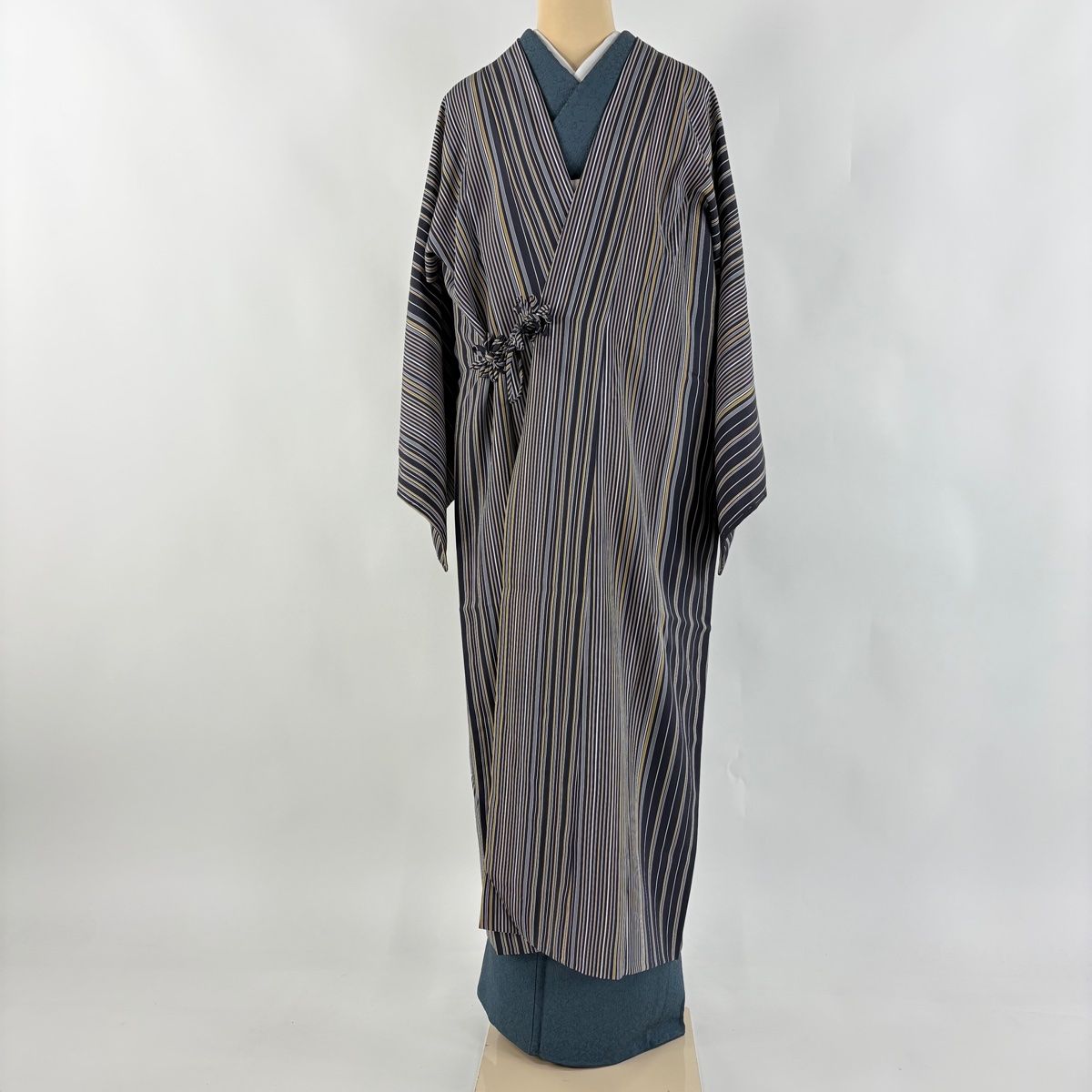 道中着 身丈128 5 cm 裄丈67 M 和装コート 縦縞 紺色 正絹