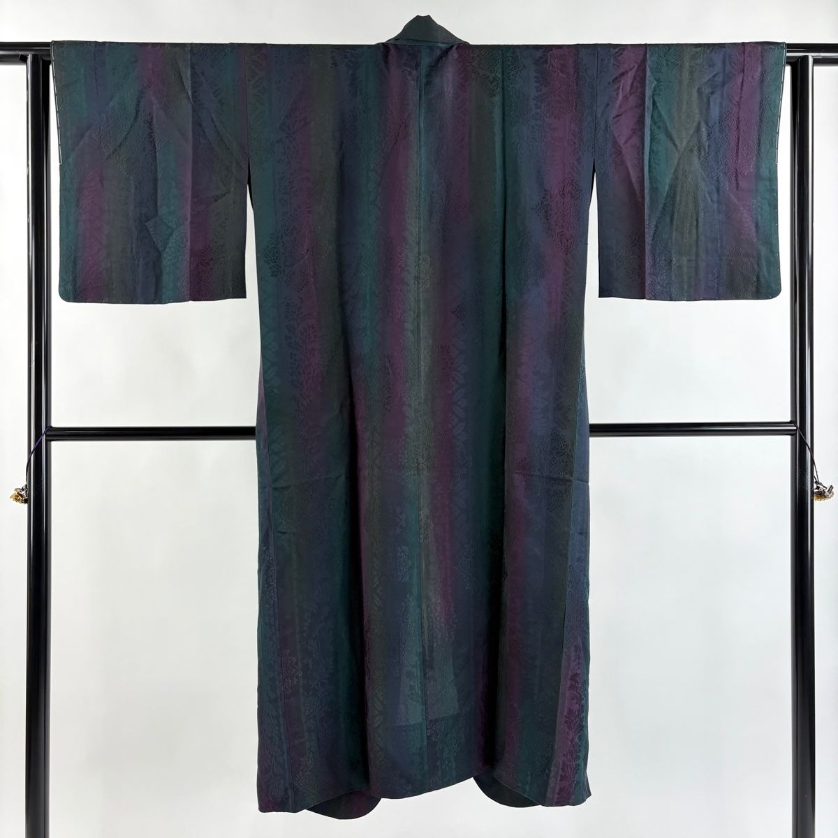 道中着 身丈128 cm 裄丈63.5 S 和装コート へちま衿 地紋 縦ぼかし柄 深緑 正絹