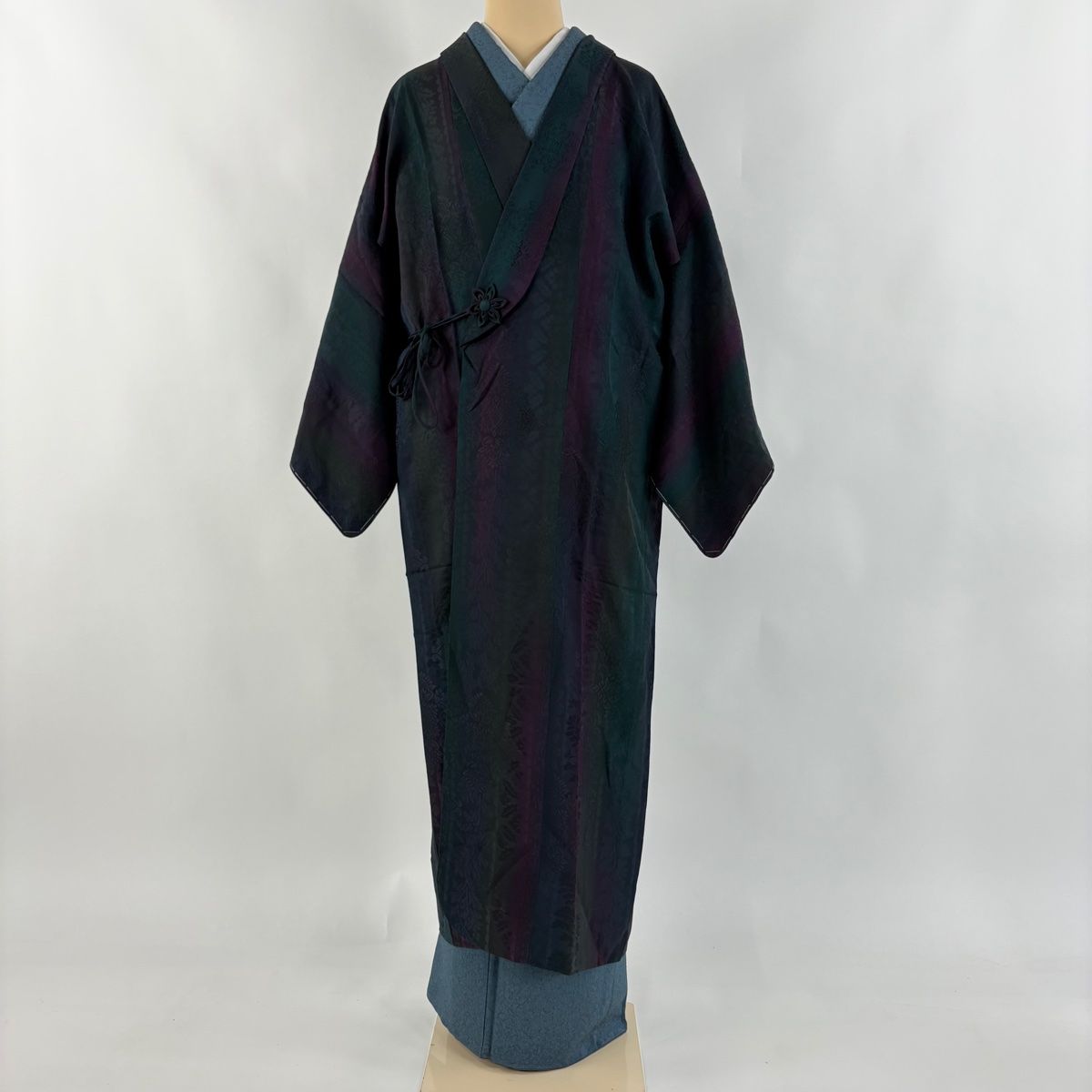 道中着 身丈128 cm 裄丈63 5 S 和装コート へちま衿 地紋 縦ぼかし柄 深緑 正絹