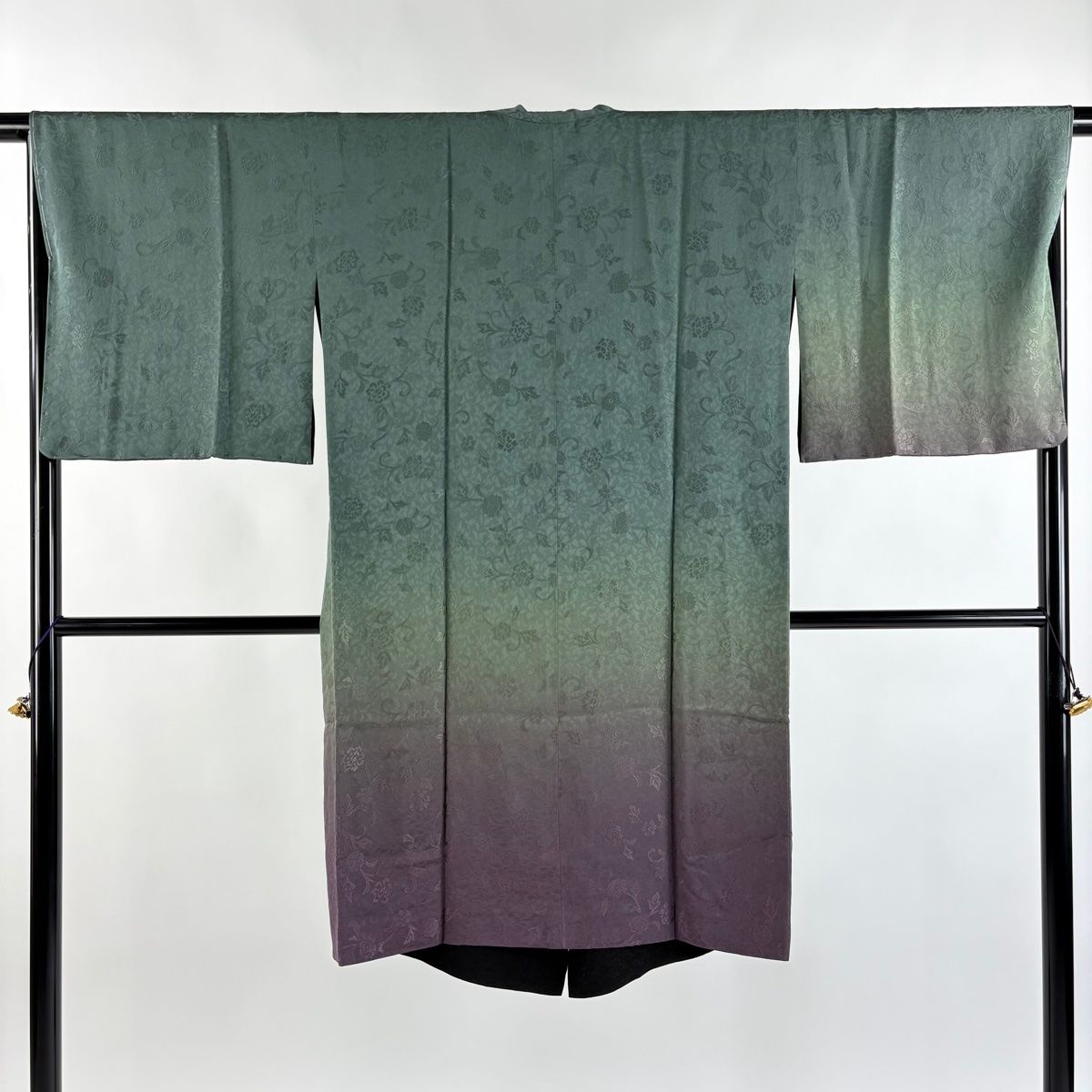 道中着 身丈108 5 cm 裄丈68 L 和装コート リバーシブル 地紋 ぼかし 深緑 正絹