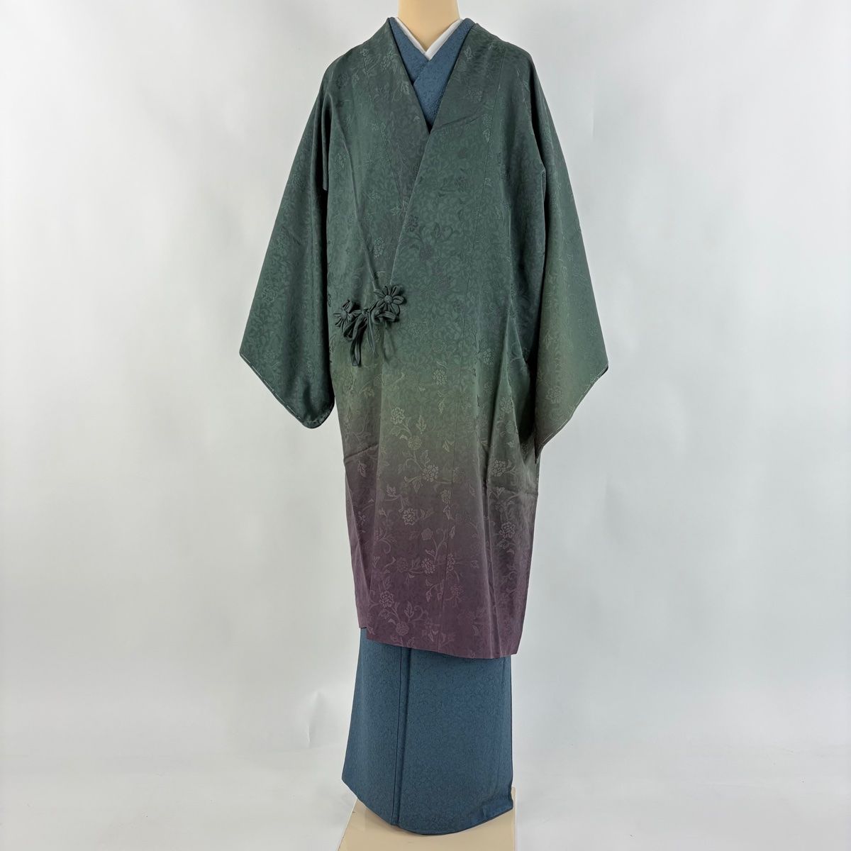 道中着 身丈108 5 cm 裄丈68 L 和装コート リバーシブル 地紋 ぼかし 深緑 正絹