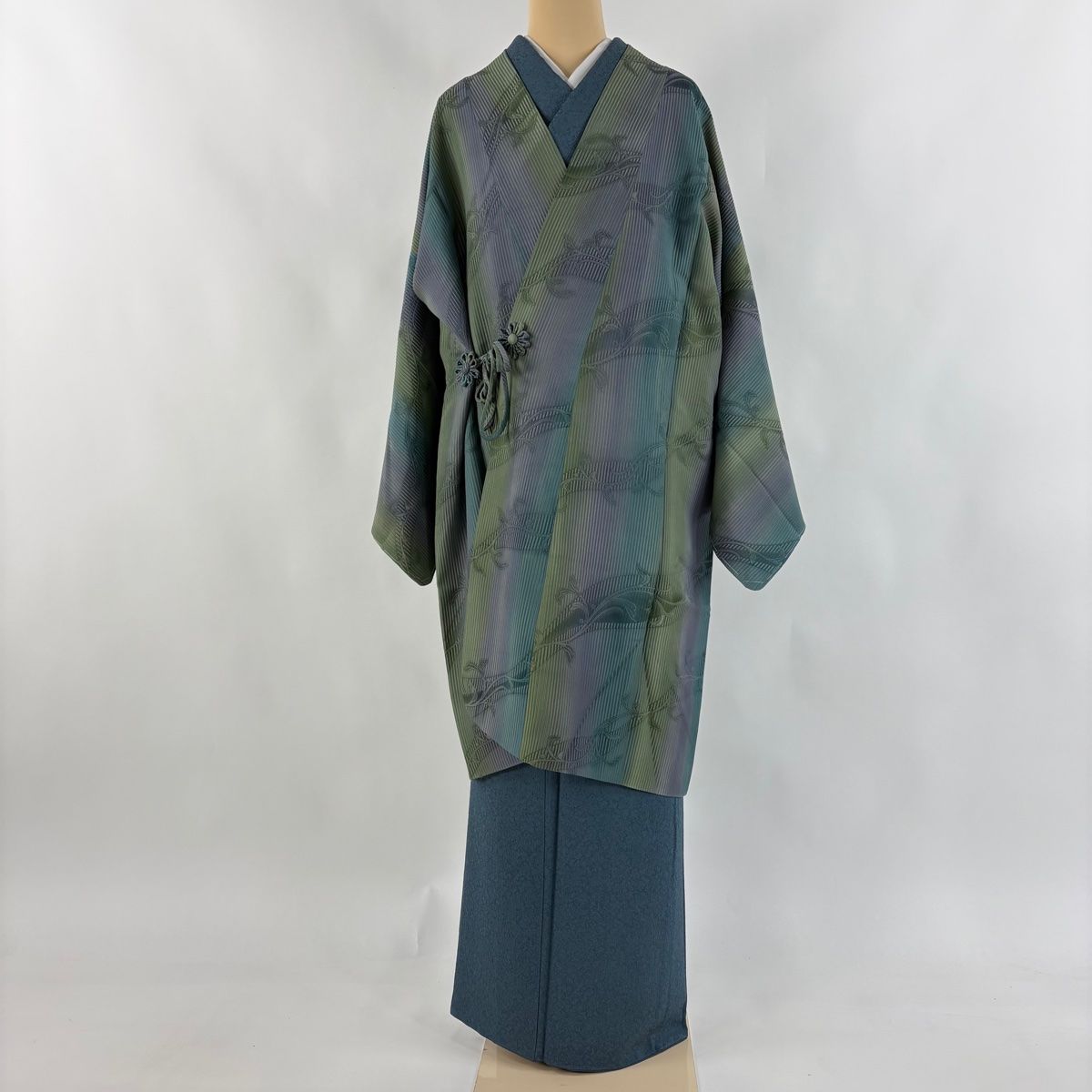 道中着 身丈103 cm 裄丈67.5 L 和装コート 唐草 ぼかし 青緑 正絹