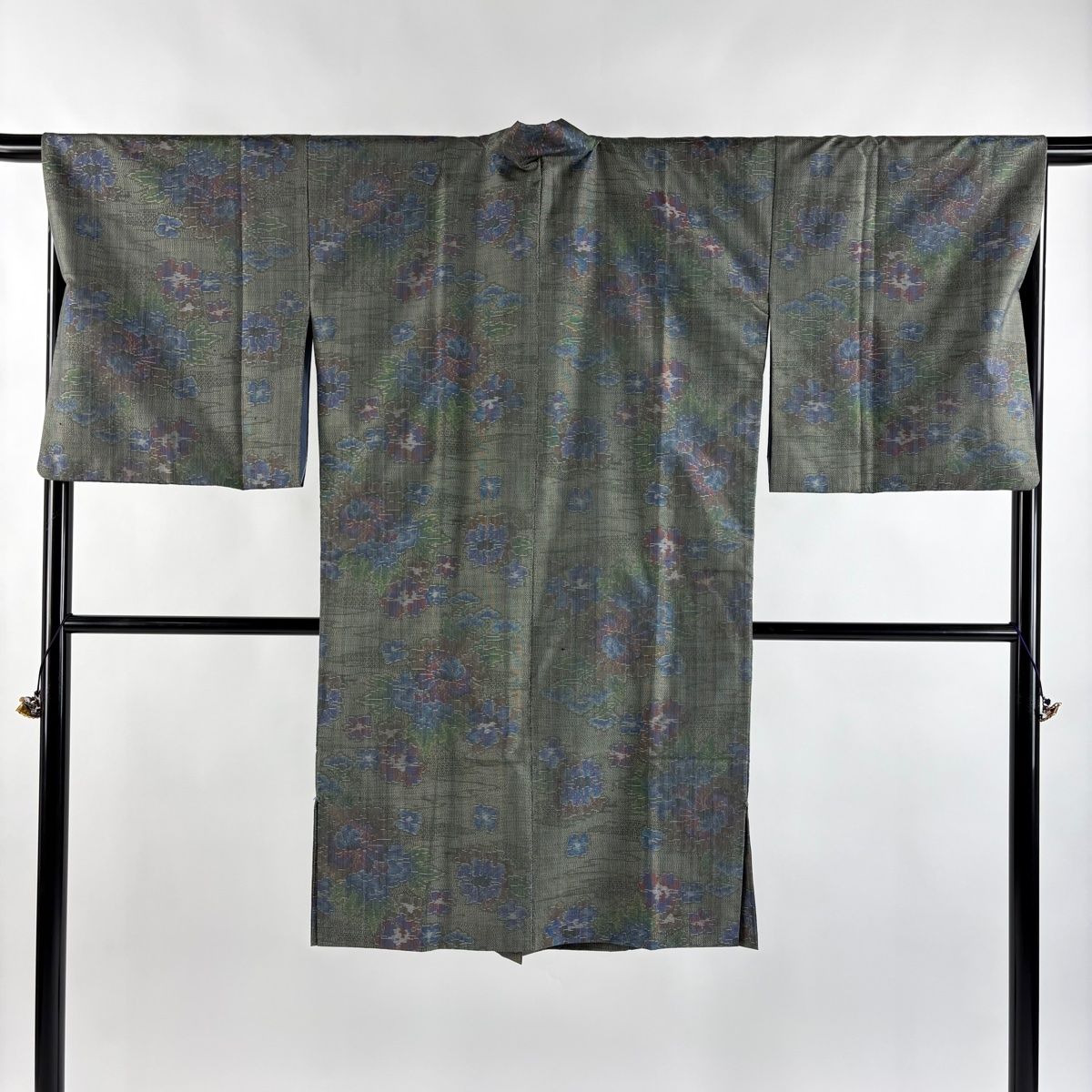 道中着 身丈108 cm 裄丈67 M 和装コート 着物衿 紬地 草花 霞 灰緑 正絹