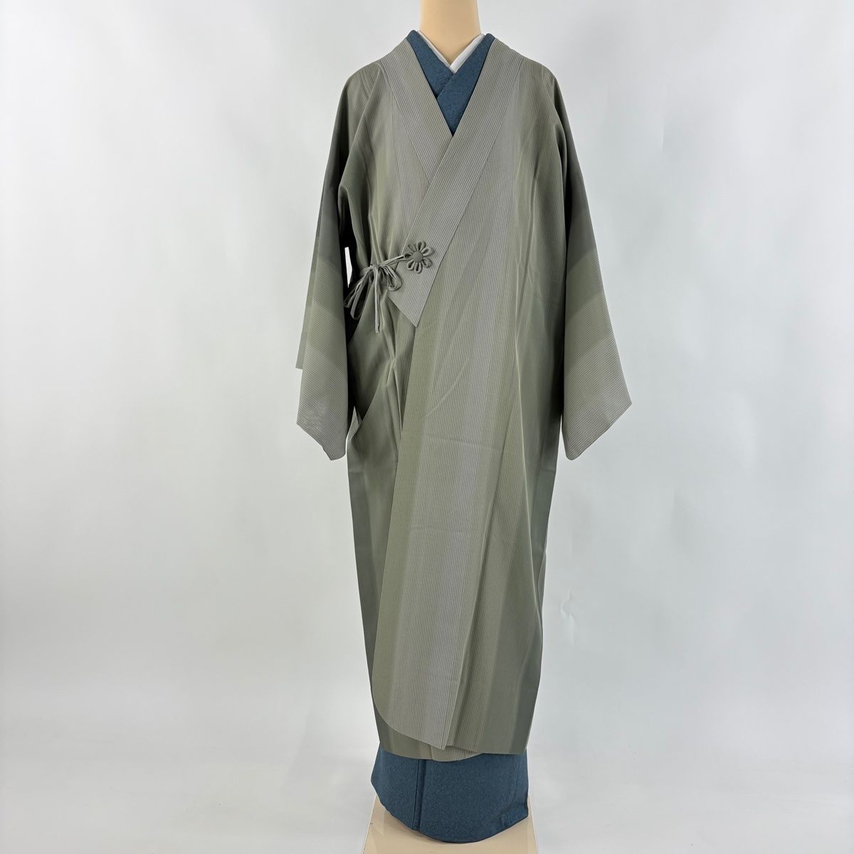 道中着 身丈127 5 cm 裄丈71 L 和装コート 着物衿 夏紬地 灰緑 正絹
