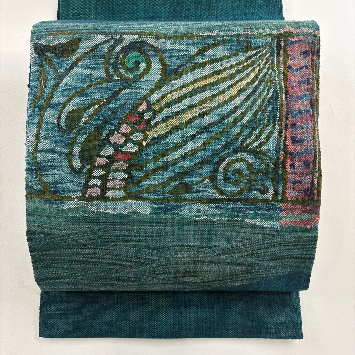 名古屋帯 秀品 松葉仕立て 八寸名古屋帯 紬地 幾何学模様 青緑 正絹