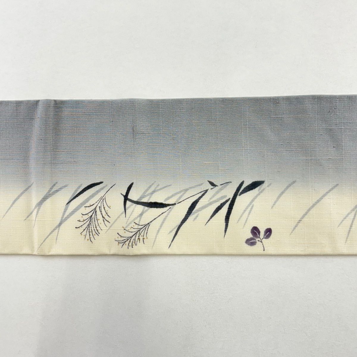  名古屋帯 秀品 紬地 萩 ススキ ぼかし 青灰色 正絹 名古屋帯 帯