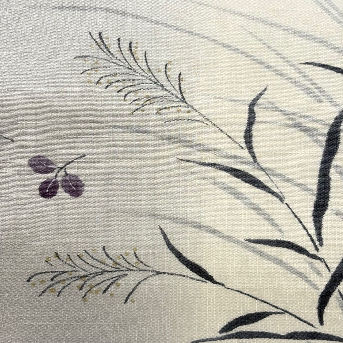 名古屋帯 秀品 紬地 萩 ススキ ぼかし 青灰色 正絹