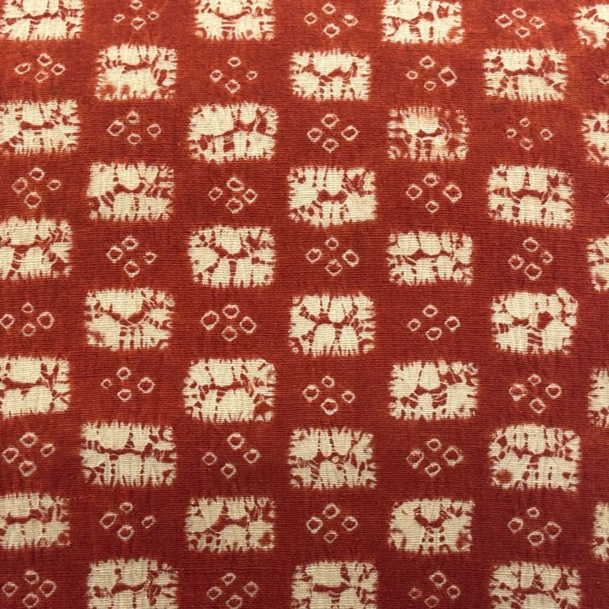 名古屋帯 紬地 動物 変わり市松 絞り 赤茶 正絹