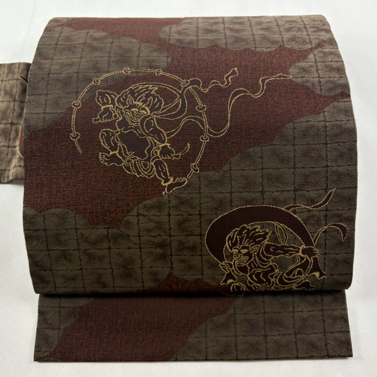 名古屋帯 風神雷神 雲文 金糸 えんじ色 正絹