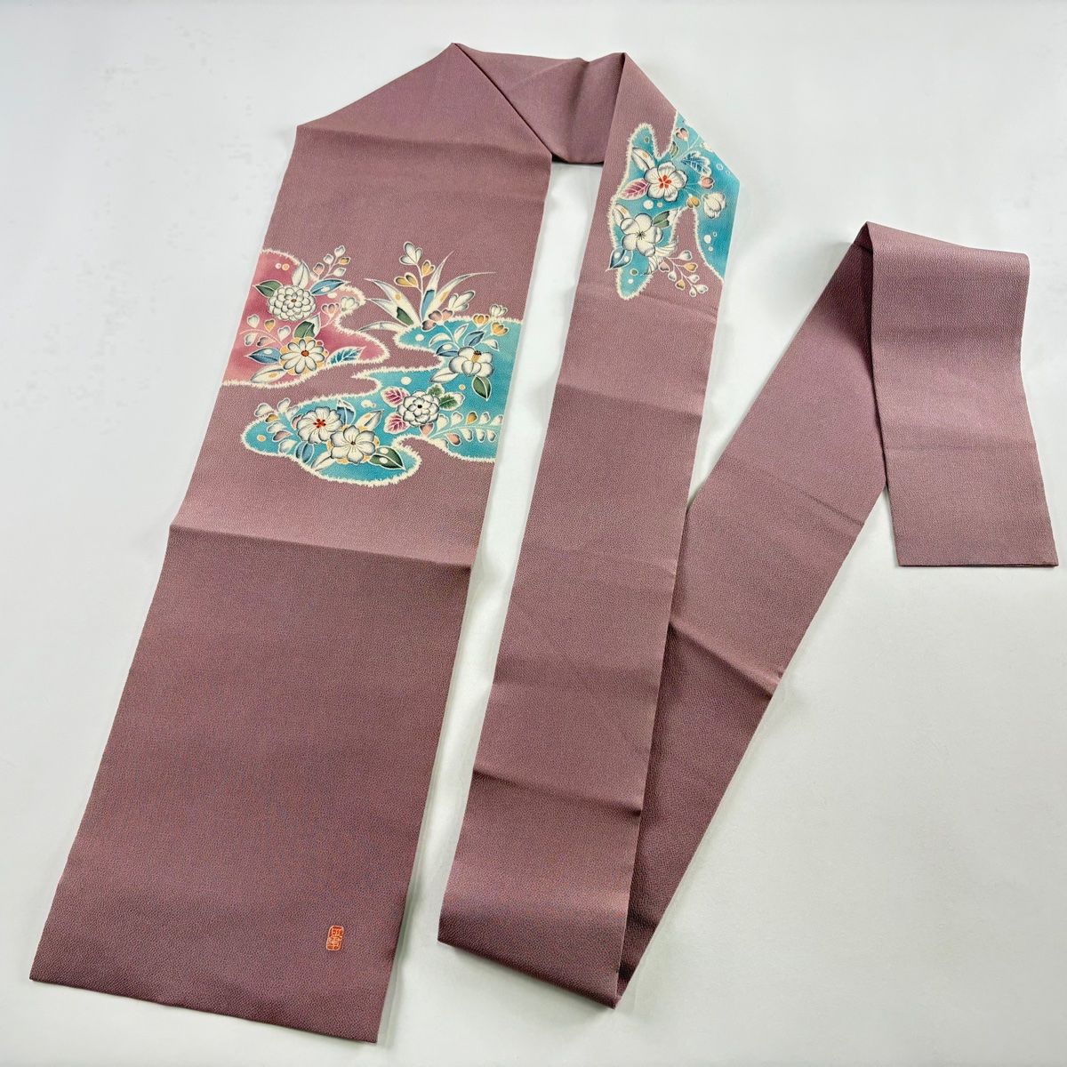  名古屋帯 秀品 落款 草花 霞 縮緬 薄紫 正絹 名古屋帯 帯