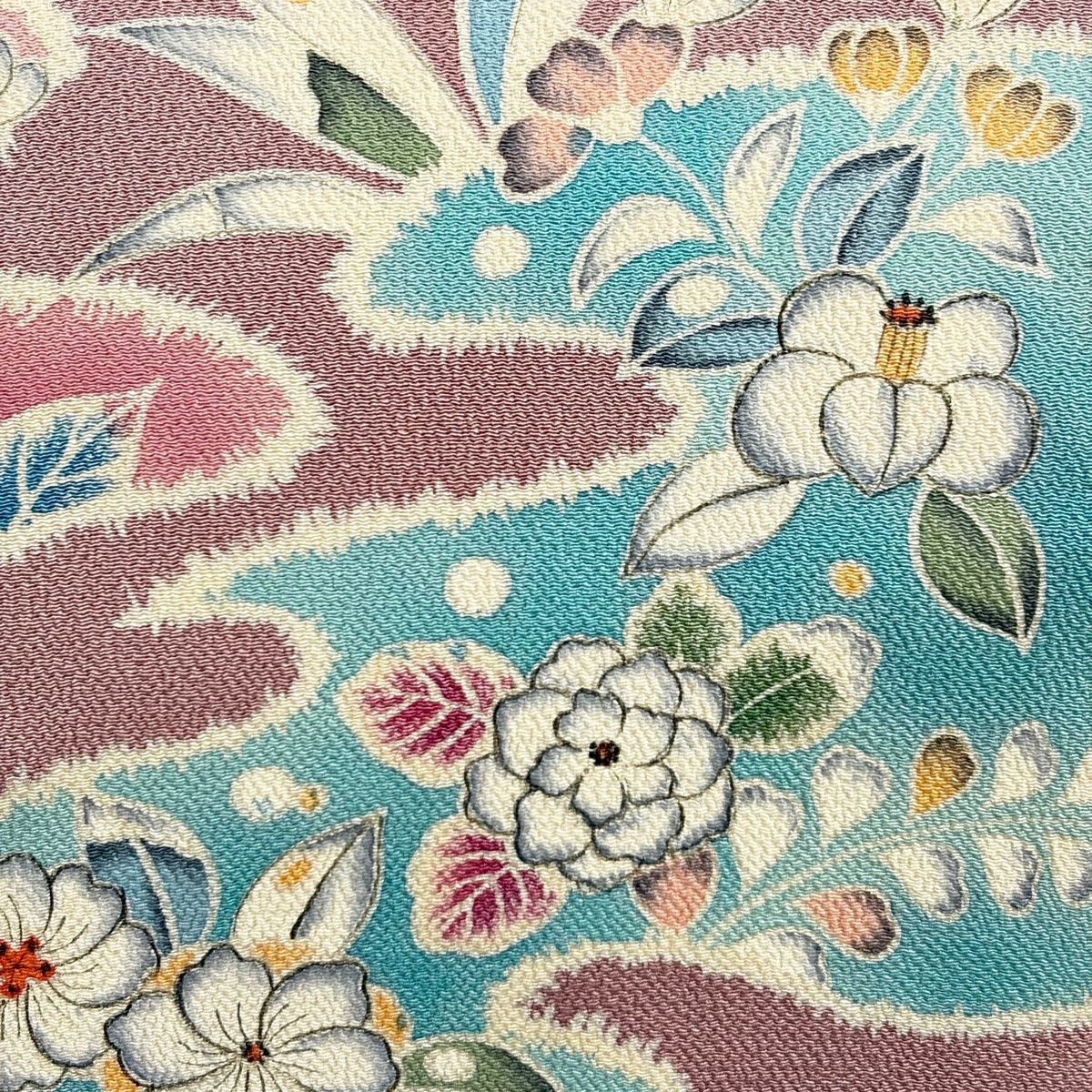 名古屋帯 秀品 落款 草花 霞 縮緬 薄紫 正絹