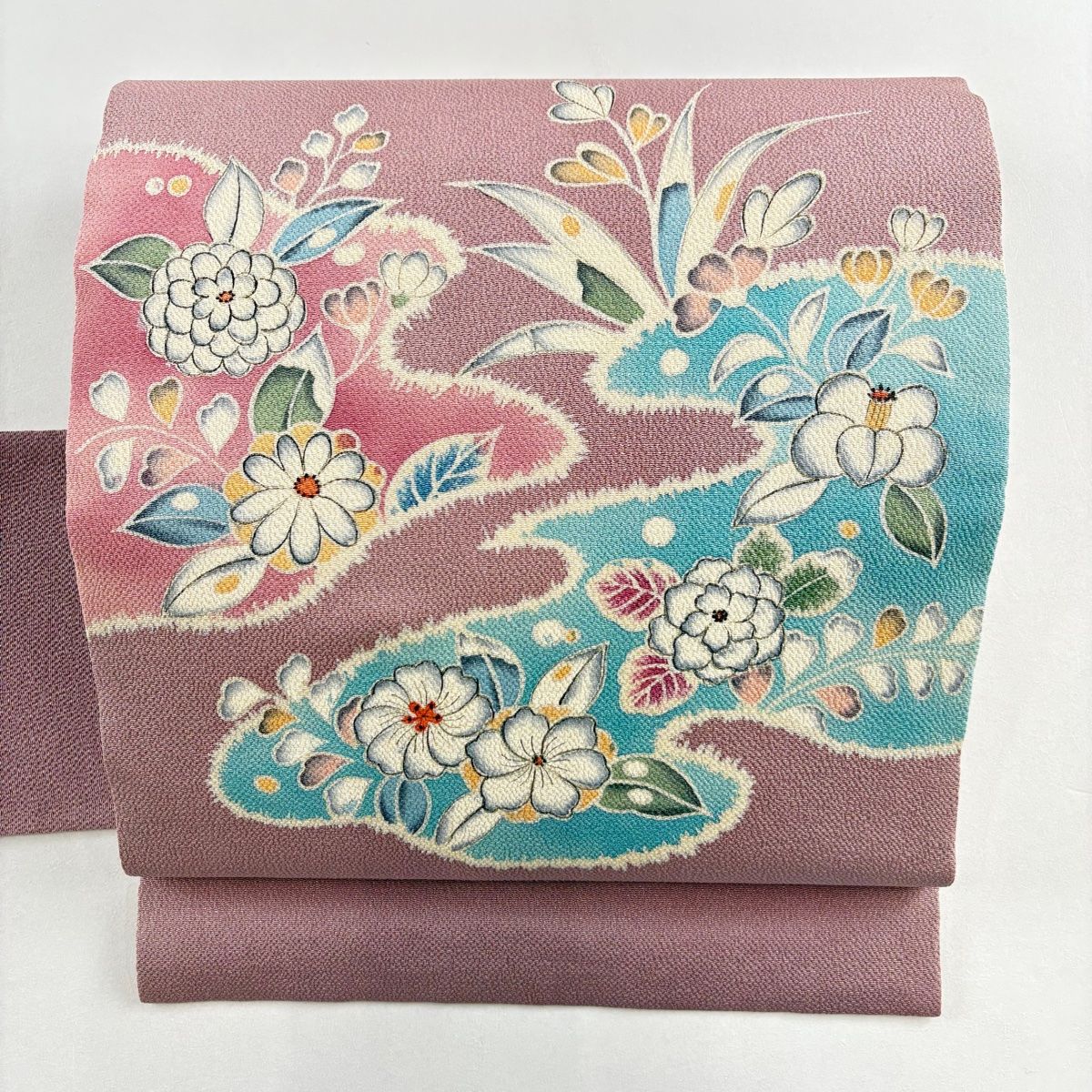 名古屋帯 秀品 落款 草花 霞 縮緬 薄紫 正絹