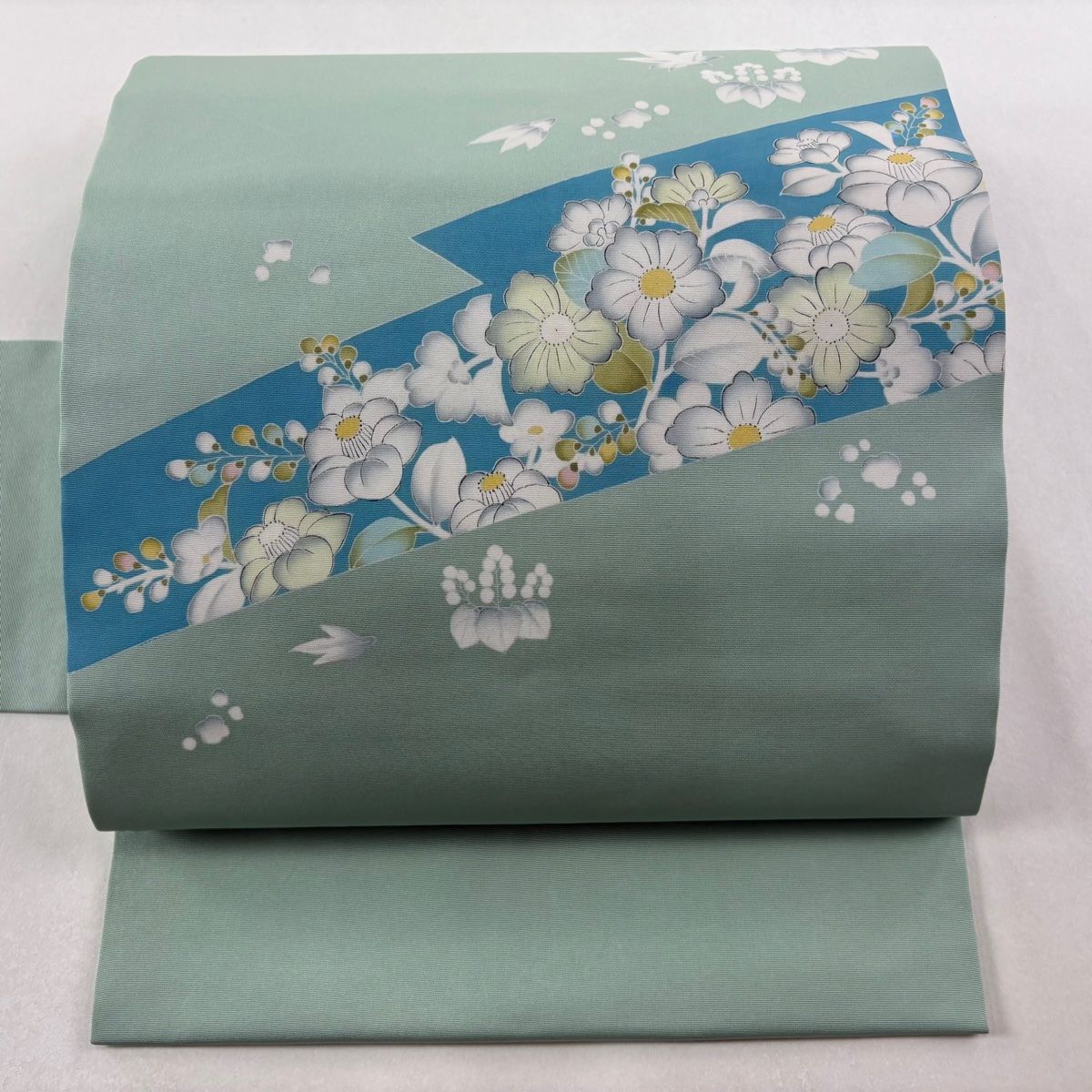 名古屋帯 秀品 落款 草花 桐 薄緑 正絹