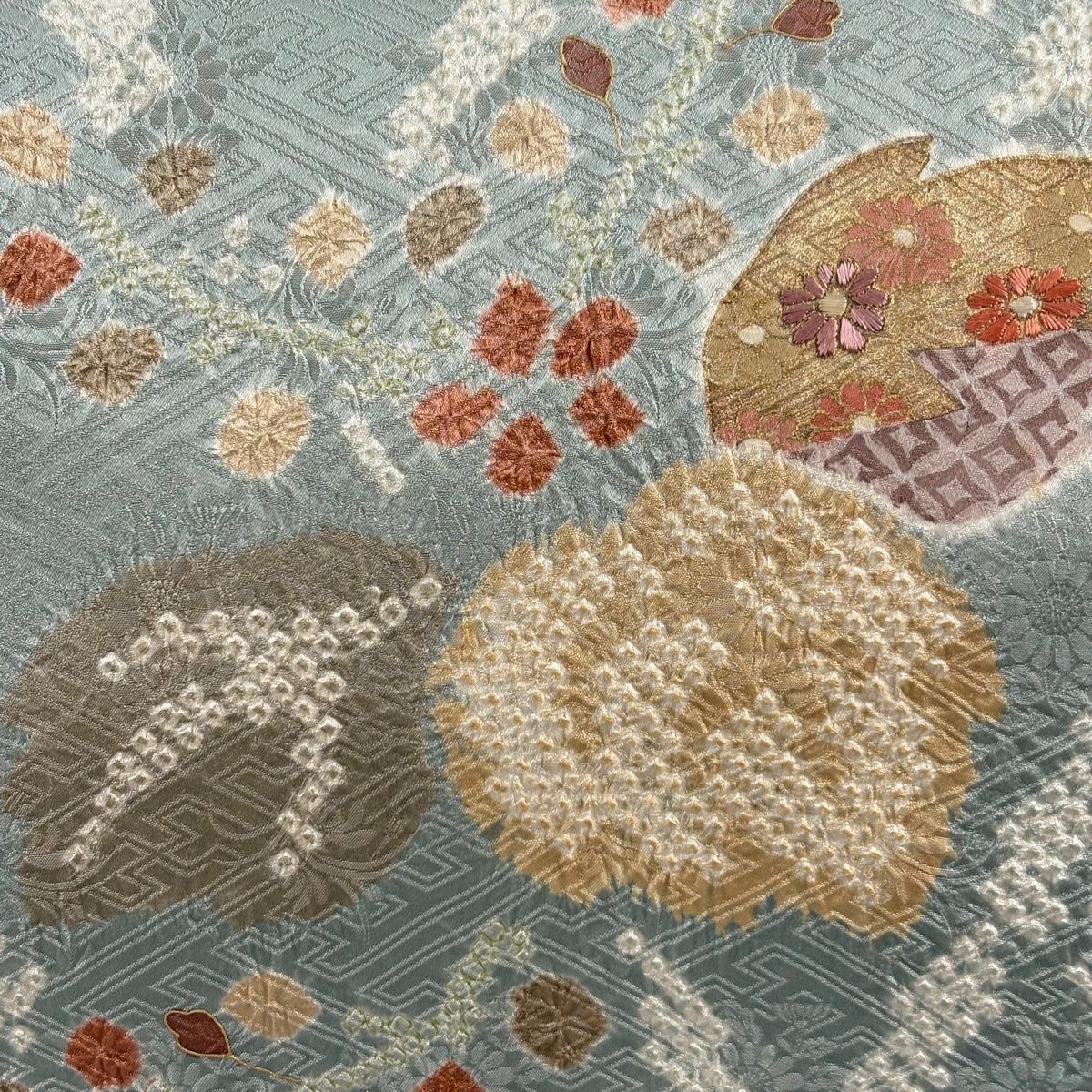 名古屋帯 秀品 草花 地紋 金彩 灰緑 正絹