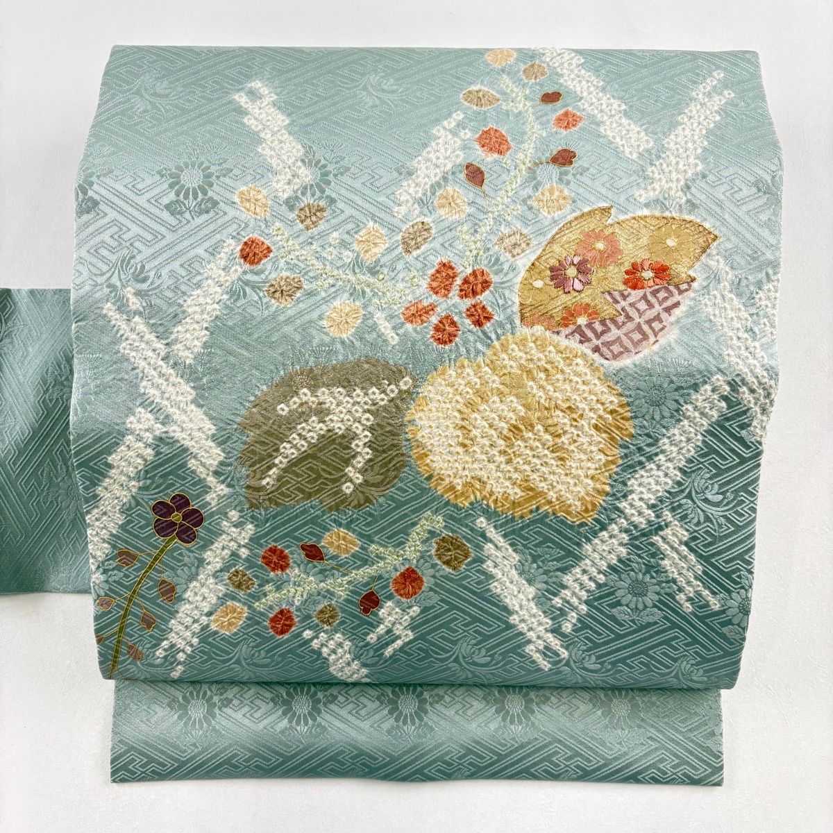 名古屋帯 秀品 草花 地紋 金彩 灰緑 正絹