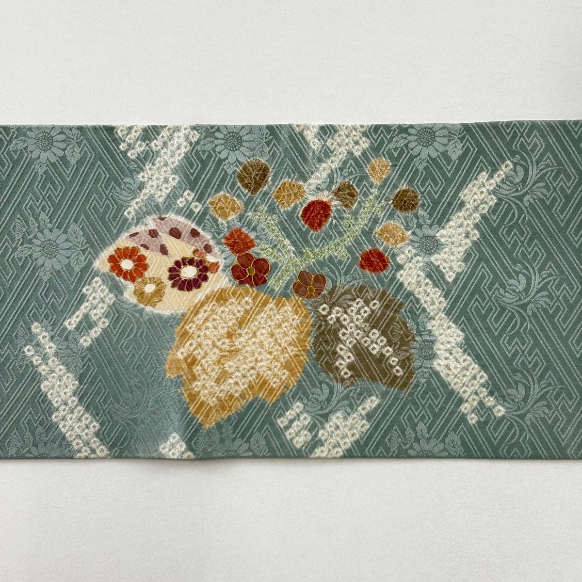  名古屋帯 秀品 草花 地紋 金彩 灰緑 正絹 名古屋帯 帯