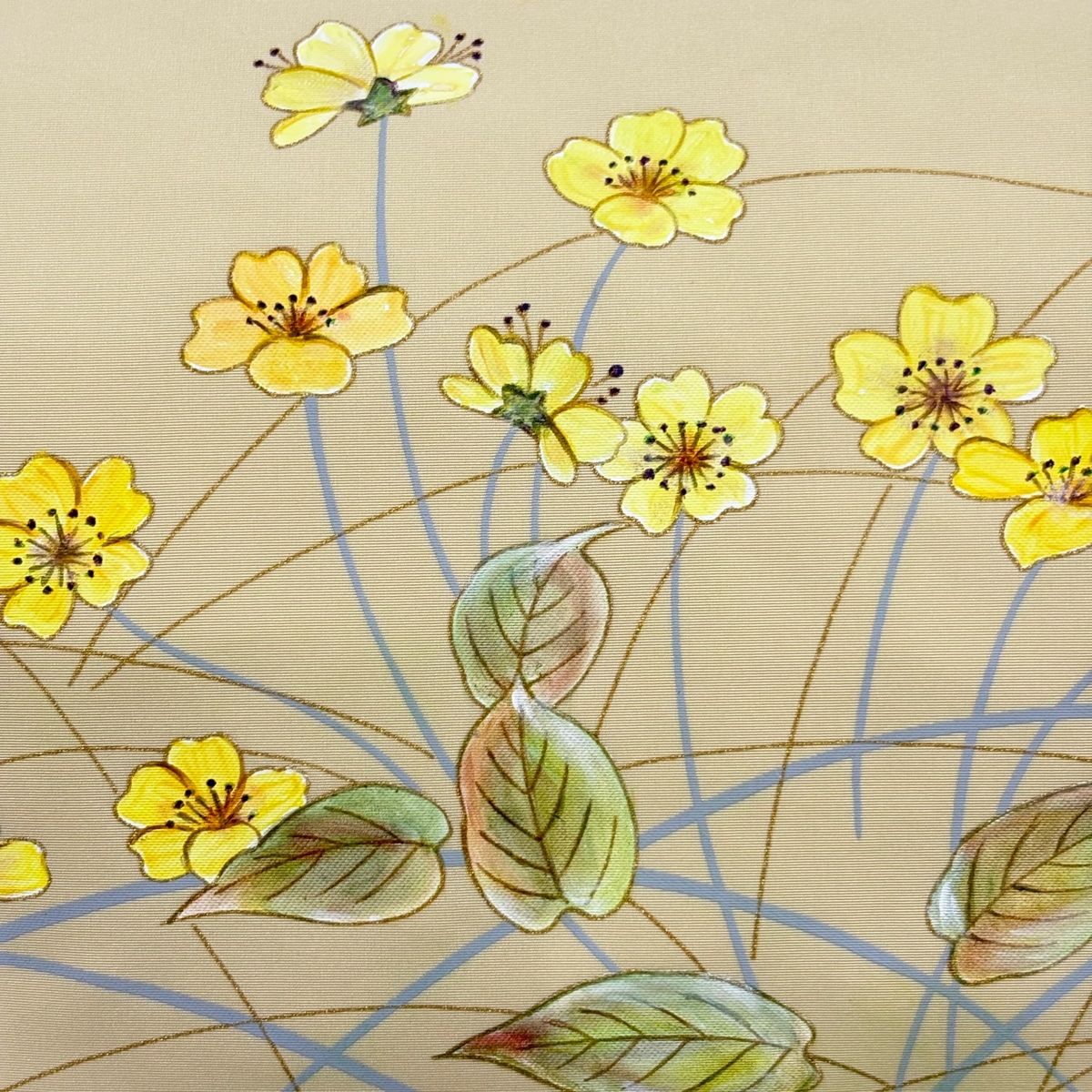 名古屋帯 秀品 草花 縞 金彩 ベージュ 正絹