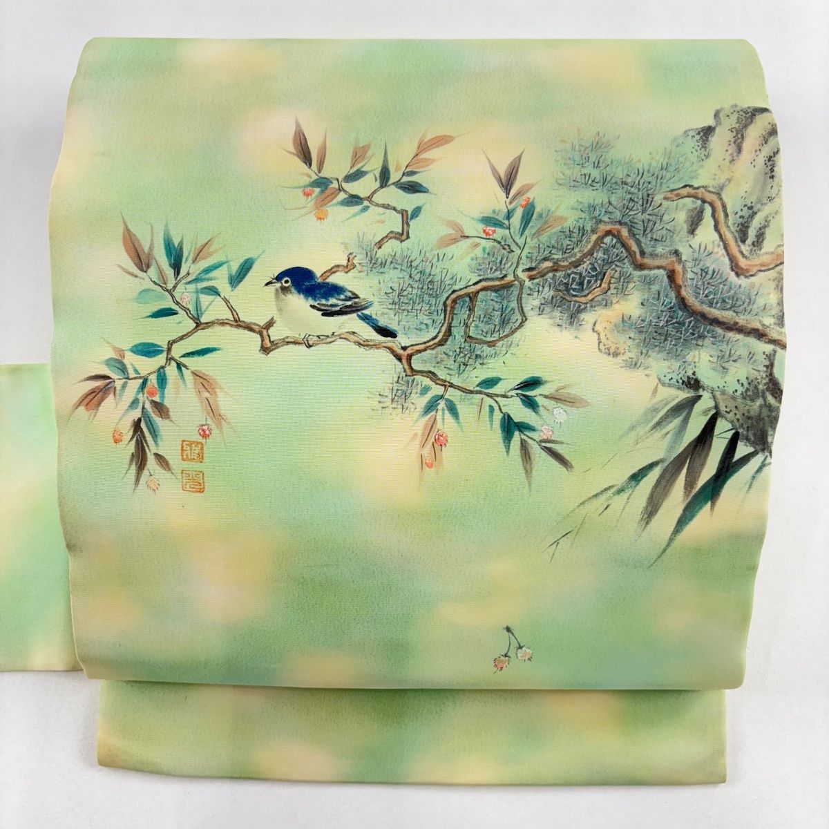 名古屋帯 秀品 枝葉 葉と実 ぼかし 灰緑 正絹