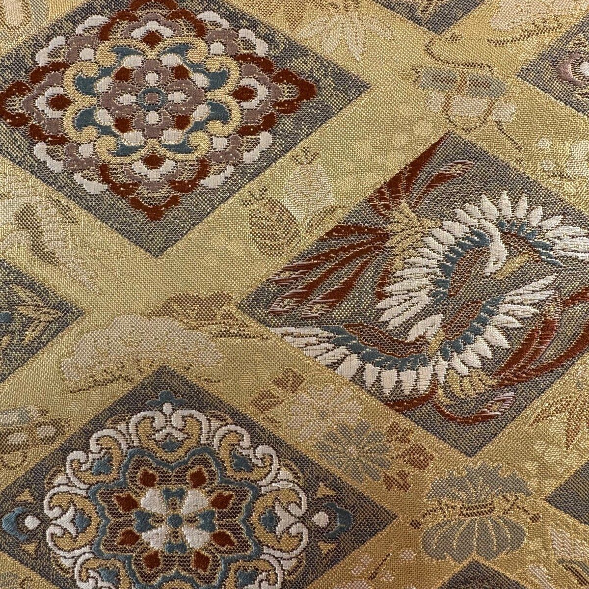 美品】 袋帯 名品 落款 小森草木染工房 佐賀錦 菱 花鳥 金糸 箔 金色 全