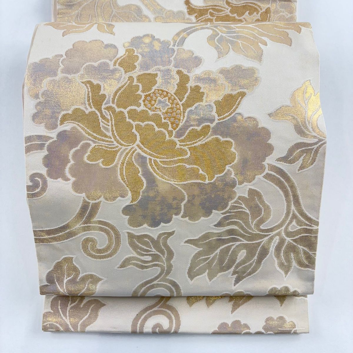 袋帯 秀品 川島織物 落款 花唐草 箔 ベージュ 六通 正絹 【中古