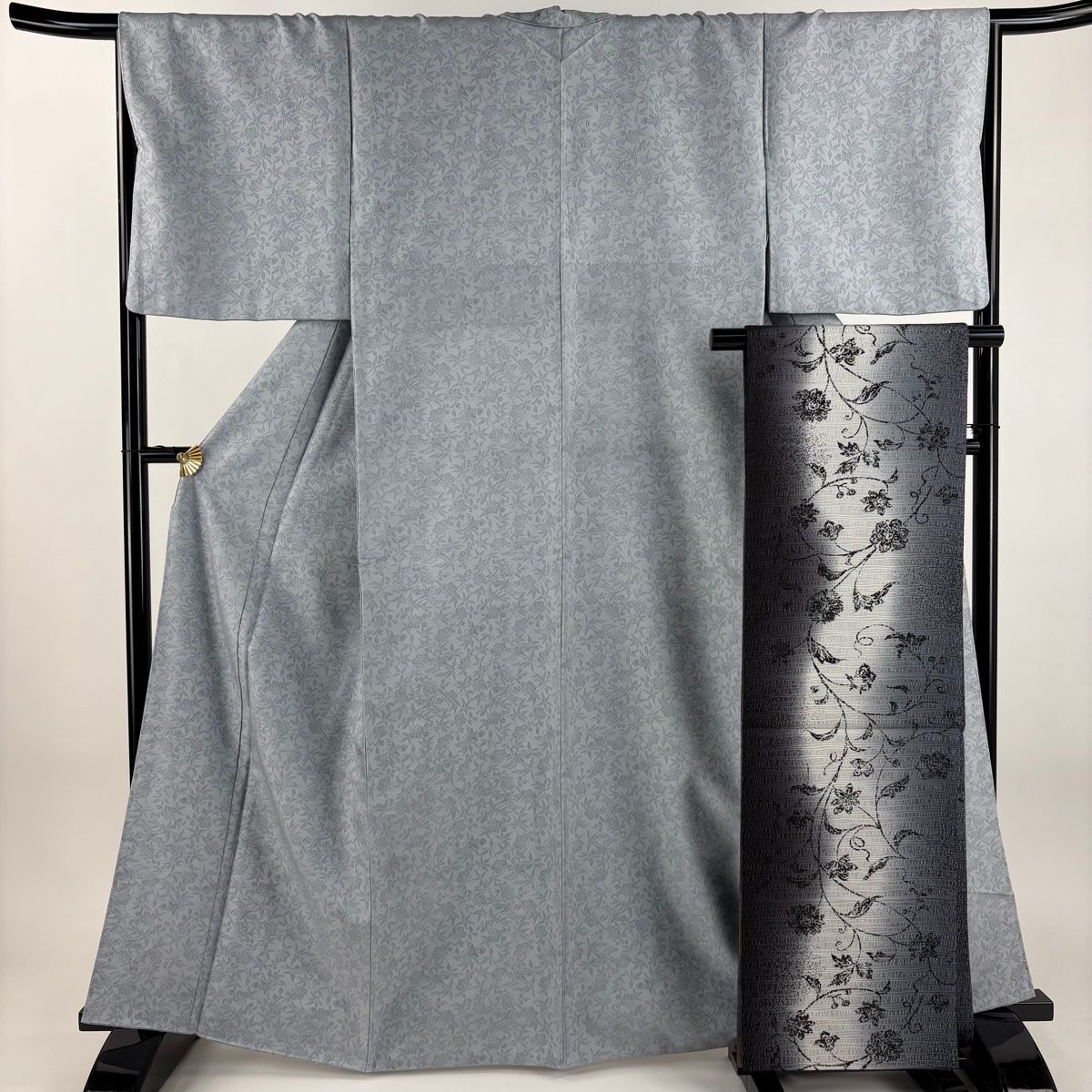 色無地 身丈164 cm 裄丈67.5 L 袷 袋帯セット 地紋 青灰色 正絹