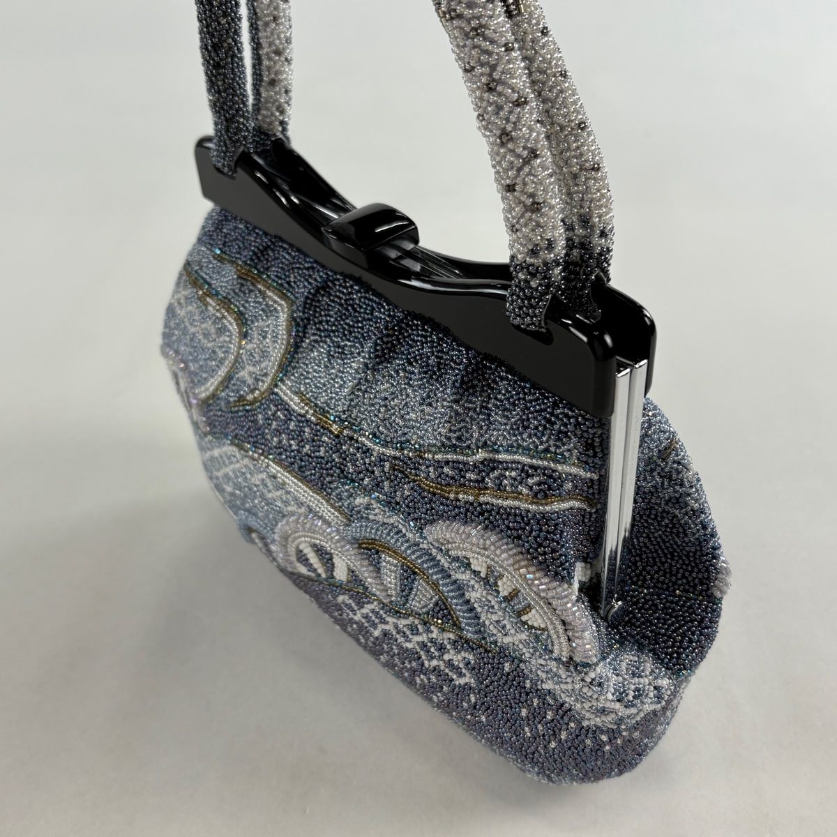 和装バッグ ビーズバッグ フォーマル 片輪車 ビーズ 青灰色 和装小物