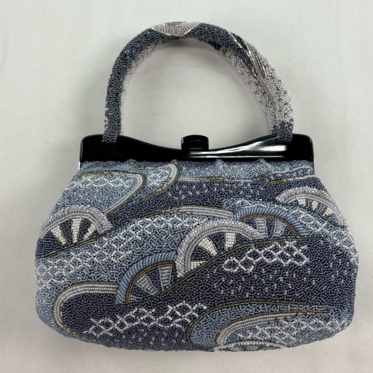 和装バッグ ビーズバッグ フォーマル 片輪車 ビーズ 青灰色 和装小物