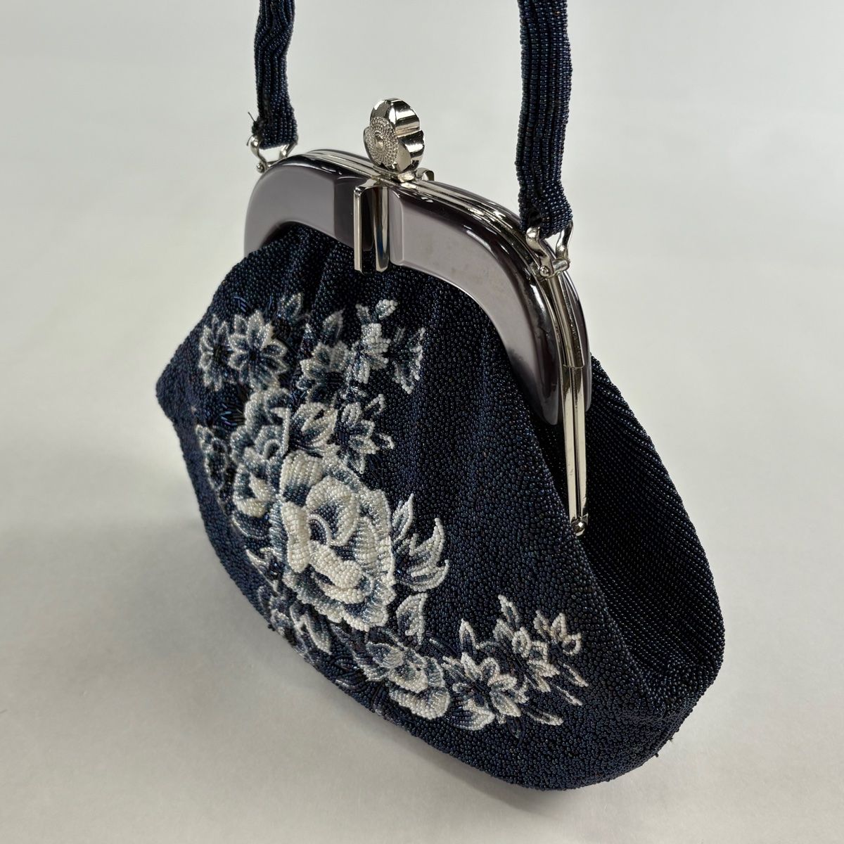 和装バッグ ビーズバッグ フォーマル 牡丹 ビーズ 紺色 和装小物