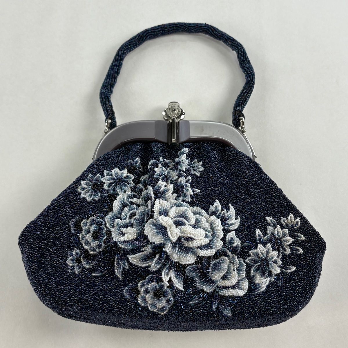 和装バッグ ビーズバッグ フォーマル 牡丹 ビーズ 紺色 和装小物